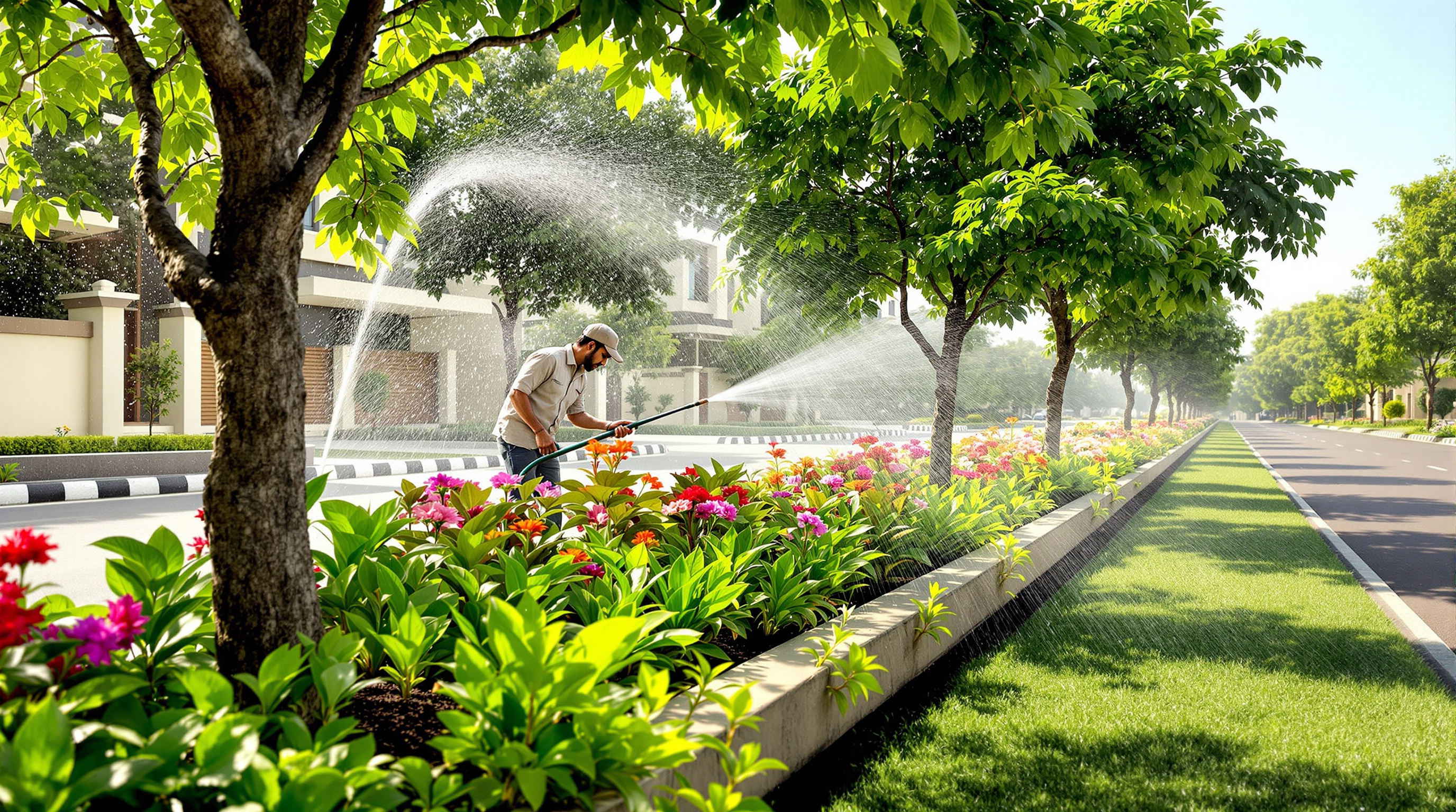 Treated water irrigating lush avenue trees and a green park median in an Indian housing layout, with a gardener tending the plants