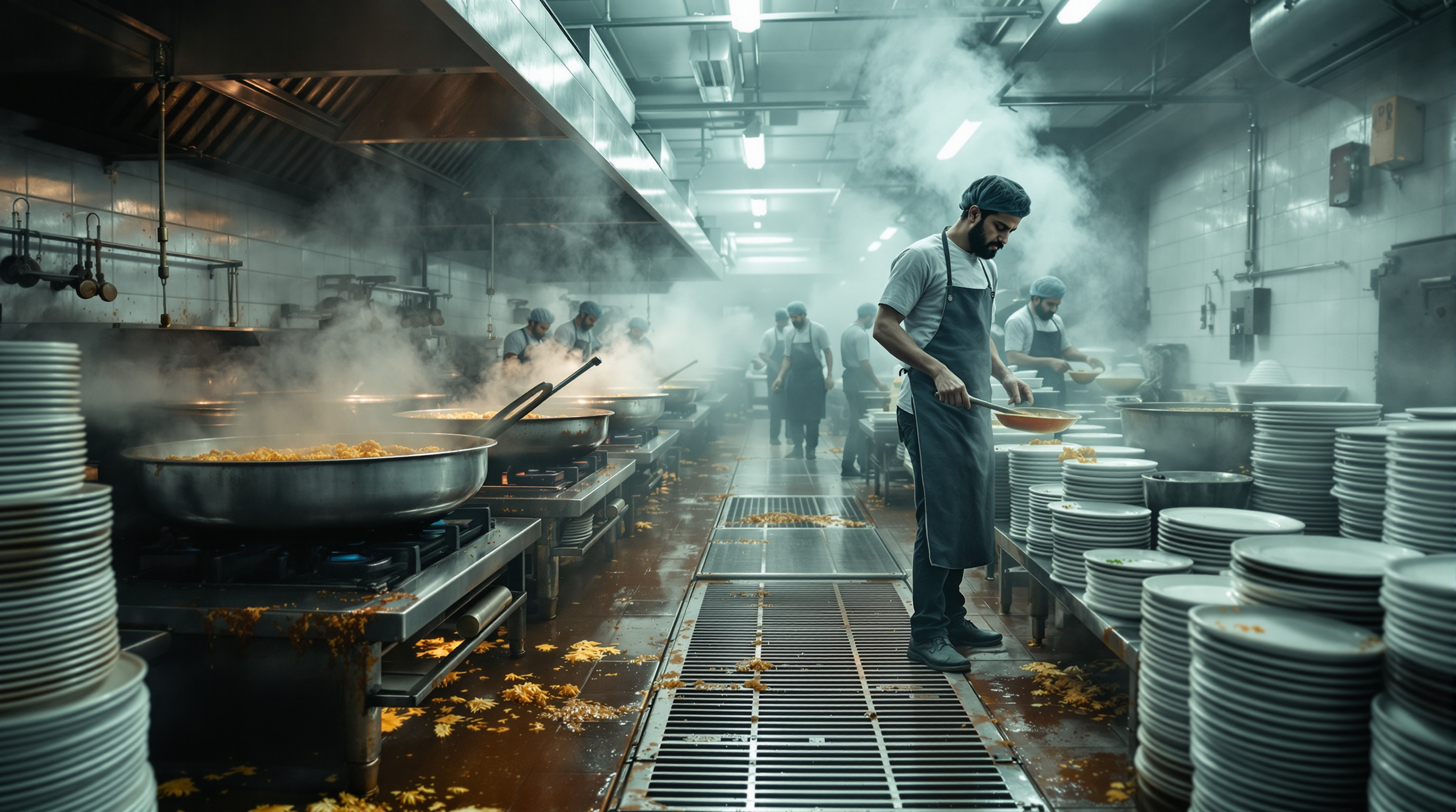 Busy industrial canteen kitchen where Indian cooks prepare mass meals in large steel vessels, with greasy wash water running to a floor drain