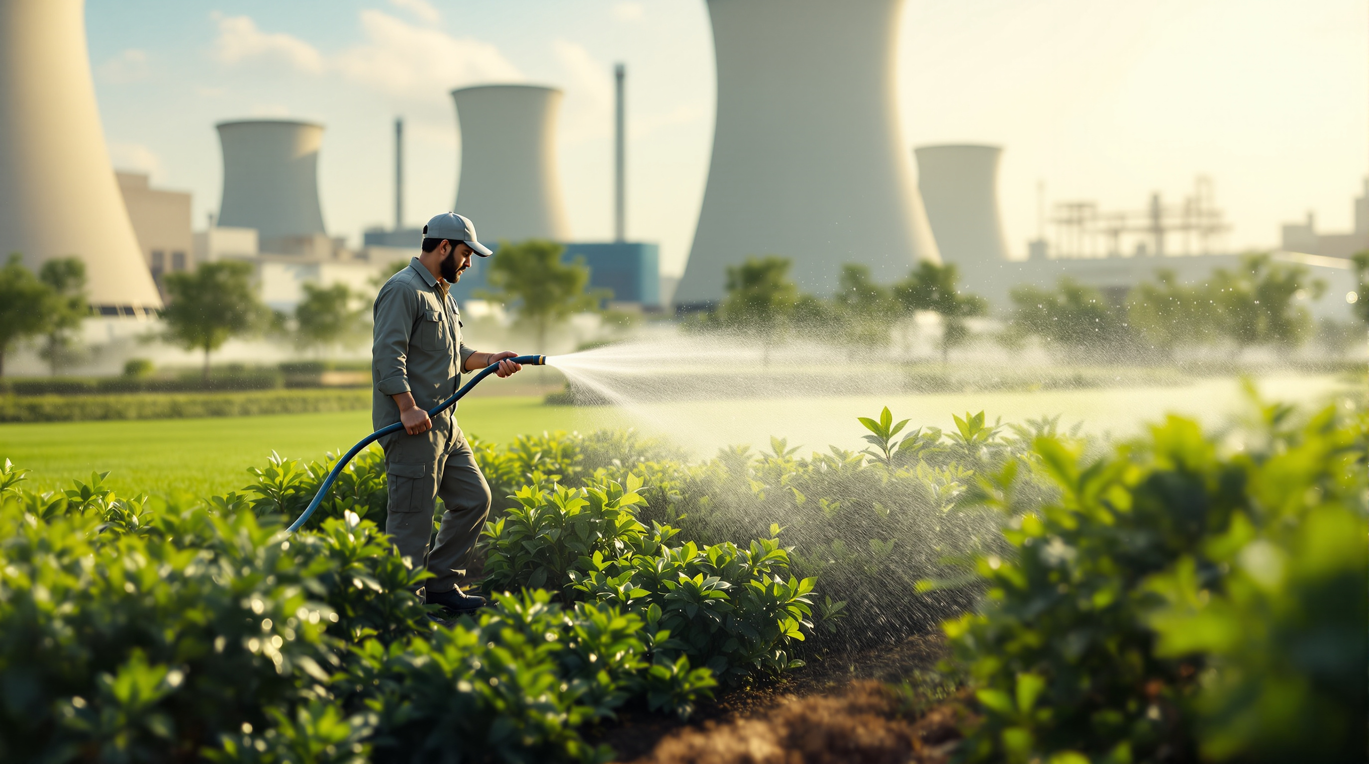 Clear treated water being used to irrigate a lush green landscaped buffer strip inside an Indian industrial estate, with a worker directing a hose