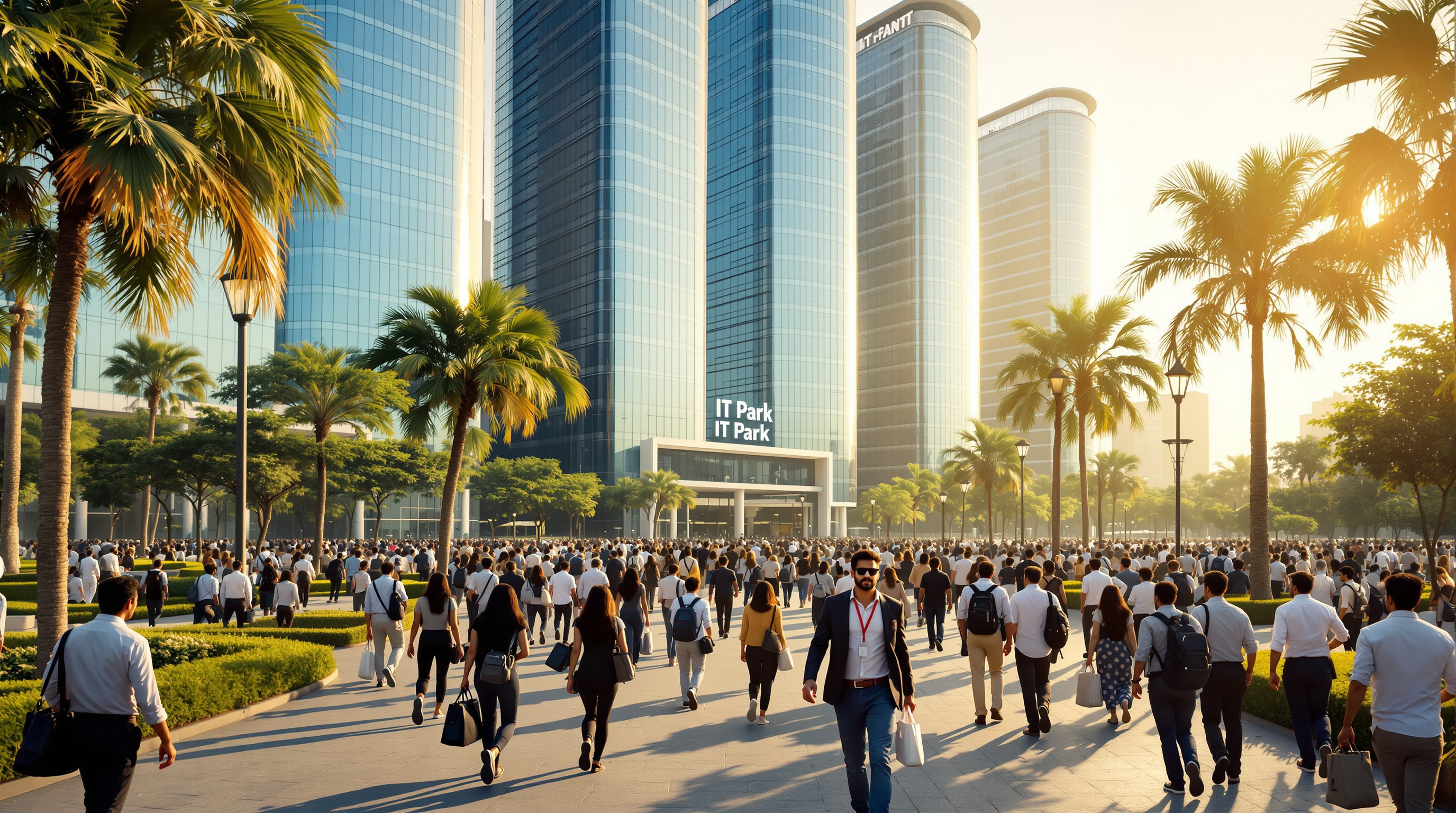Indian office workers streaming into a glass-fronted IT park building during the morning rush