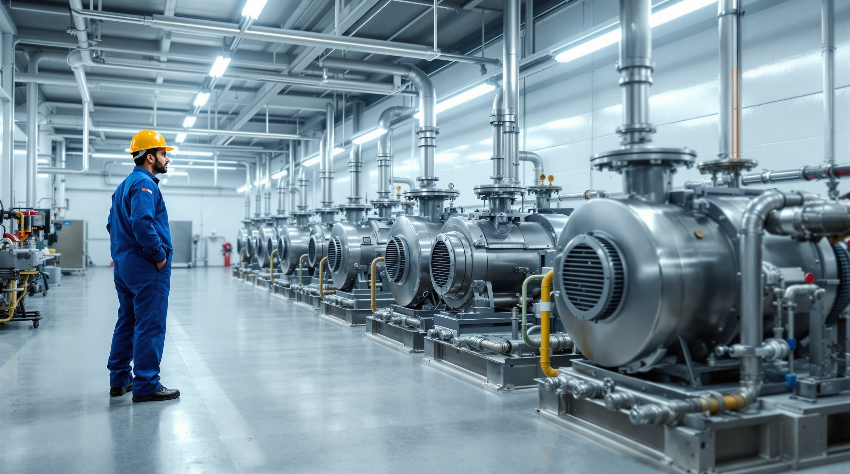 Indian plant operator inspecting rows of aeration blowers and pumps in a sewage treatment plant room