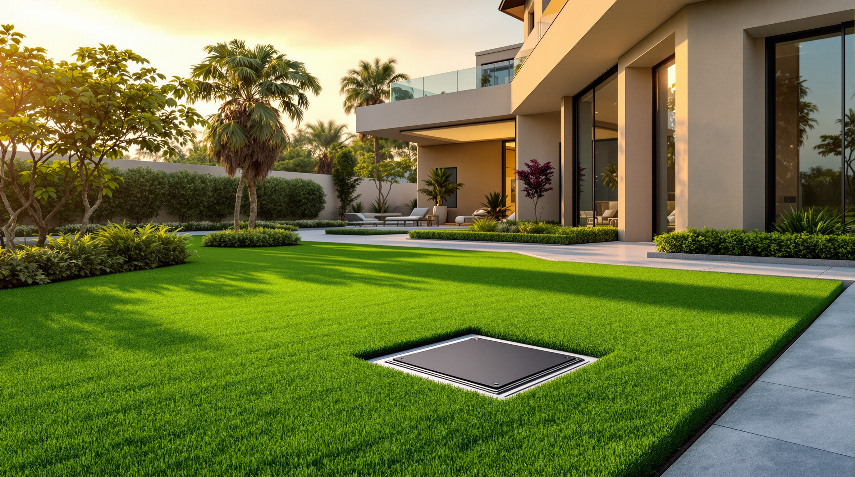 A manicured lawn beside a modern luxury Indian villa with only a flush ground access cover hinting at a buried treatment plant below