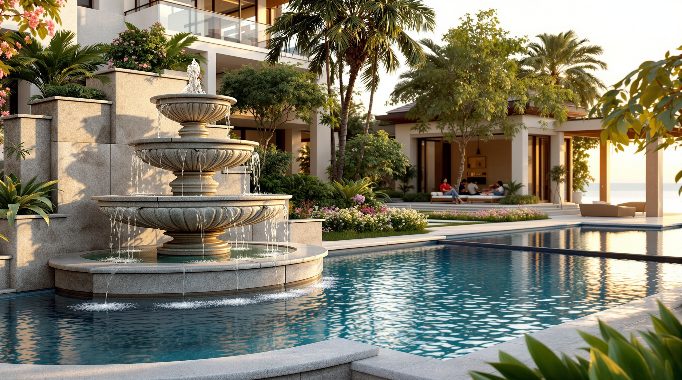 An elegant tiered stone water fountain and reflecting pool surrounded by lush greenery in the courtyard of a luxury Indian villa