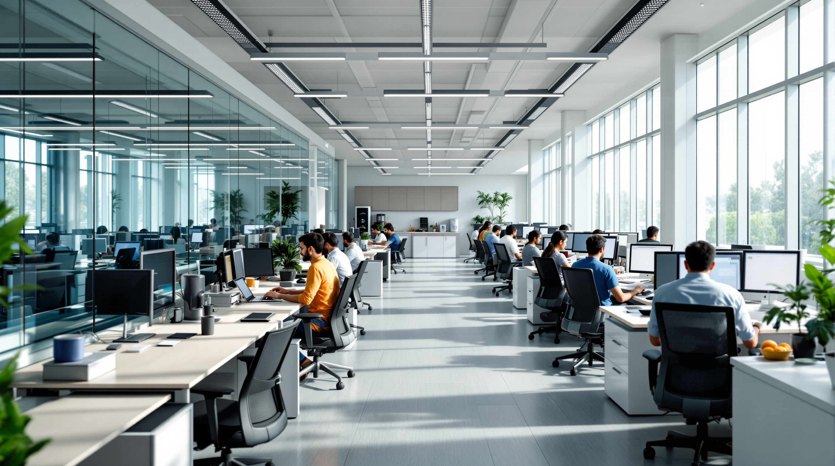 Indian office workers at desks in a modern open-plan IT floor during a busy weekday