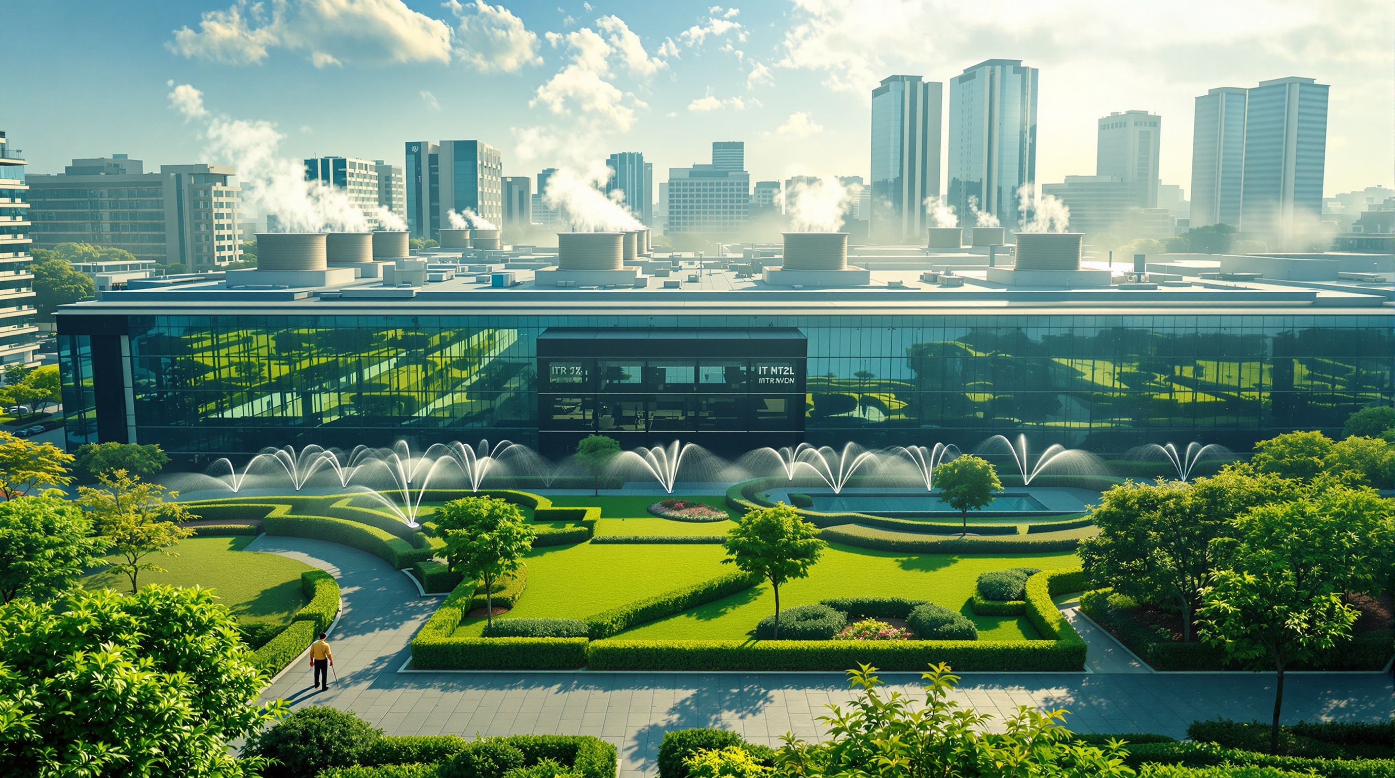 Rooftop cooling towers and landscaped lawns of an Indian IT campus fed by recycled treated water