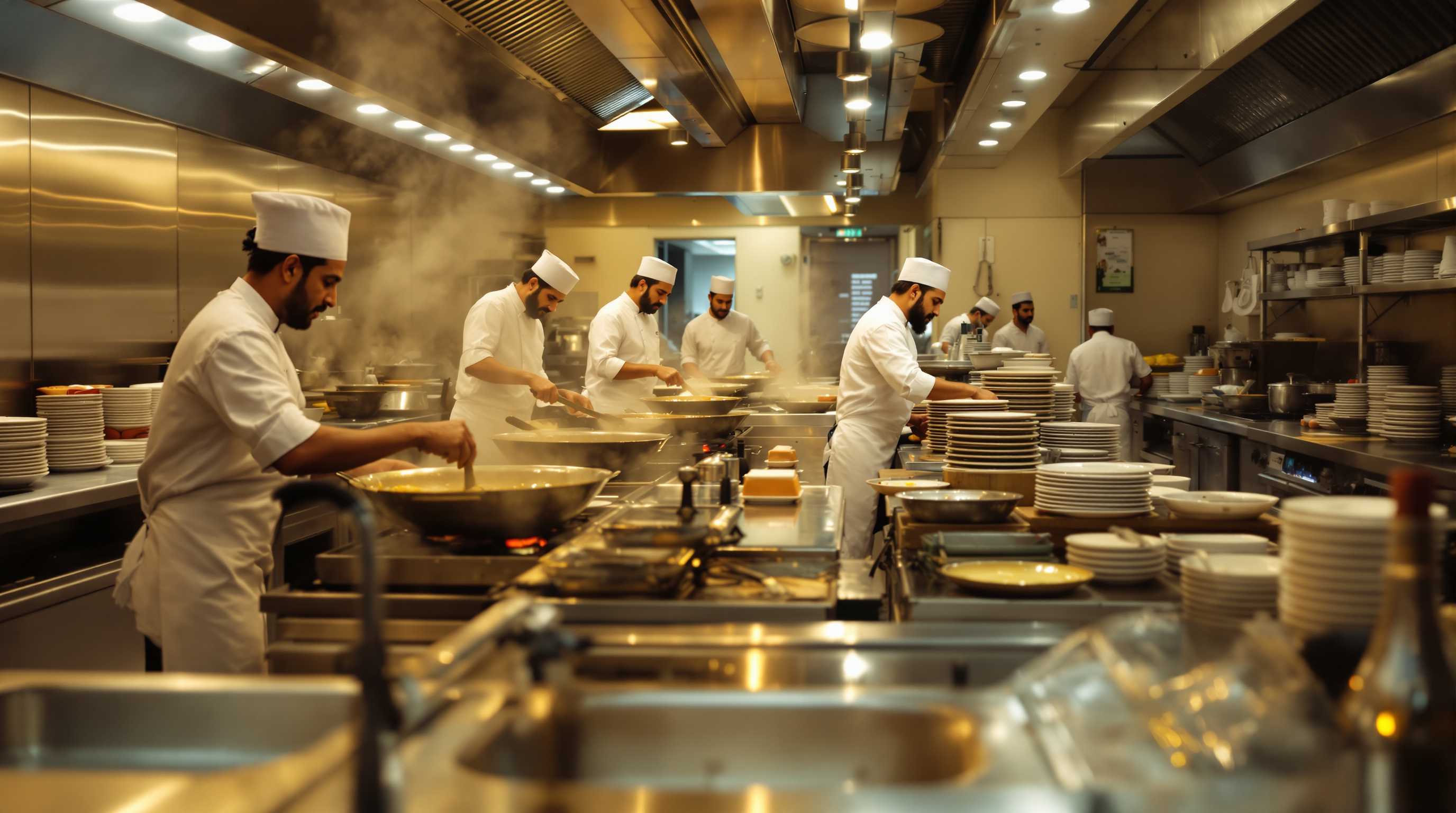 Busy resort banquet kitchen in India with cooks preparing food beside stainless steel sinks, hinting at the heavy grease and food-solids load in resort sewage