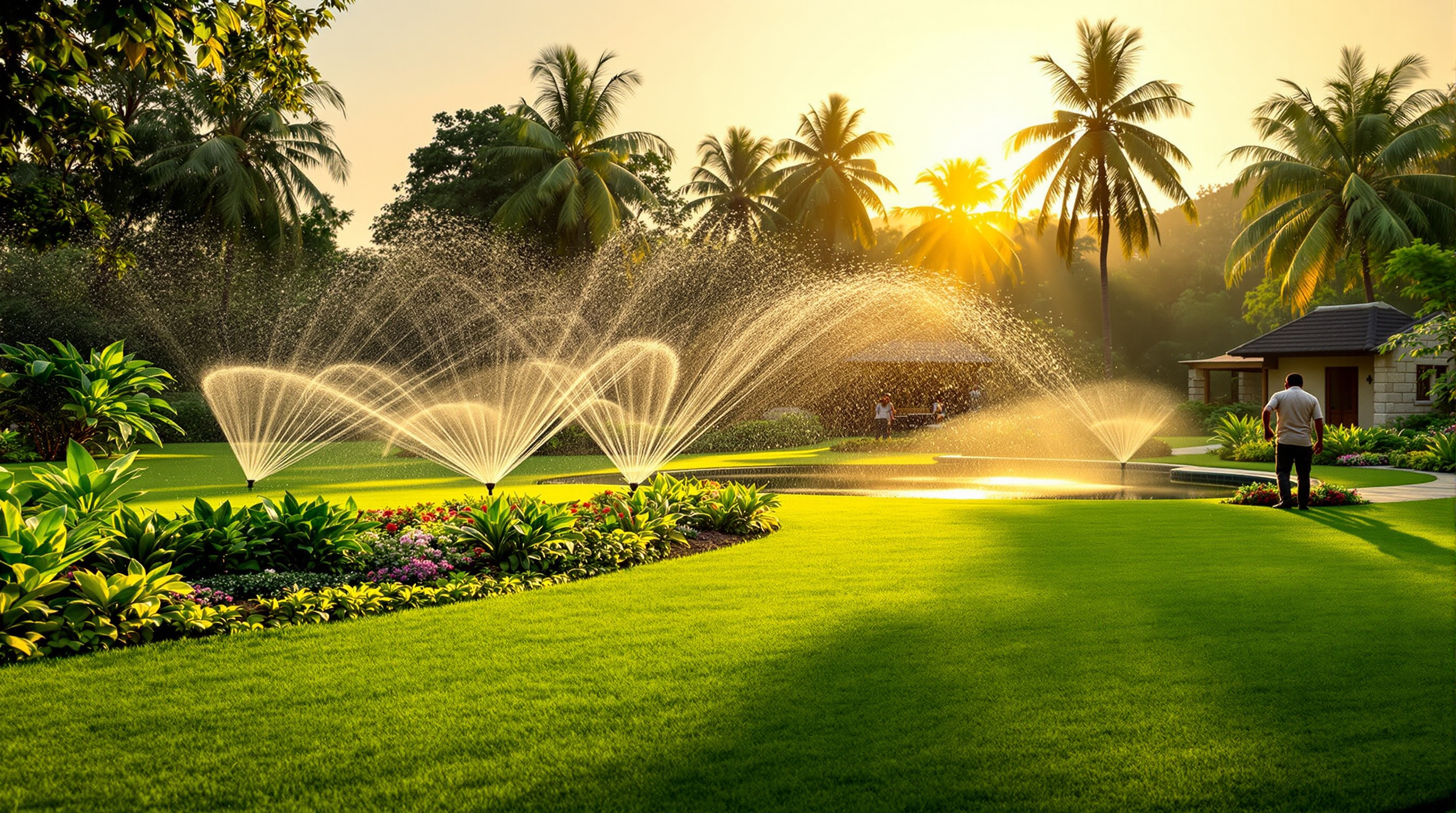 Lush landscaped resort garden in India being irrigated with treated water, sprinklers over green lawns with a reflecting pond and cottages behind