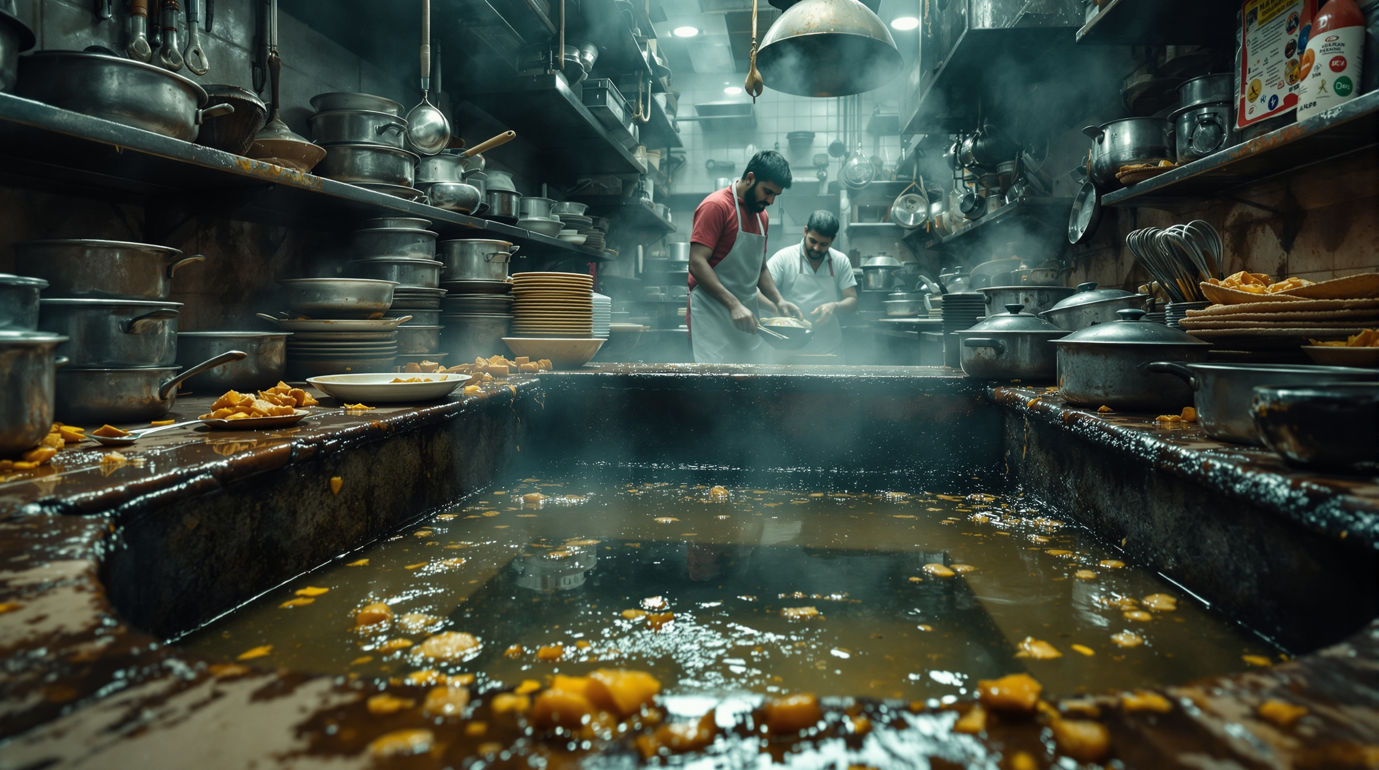 Busy Indian commercial restaurant kitchen dishwashing station with greasy water and oily stainless steel pots