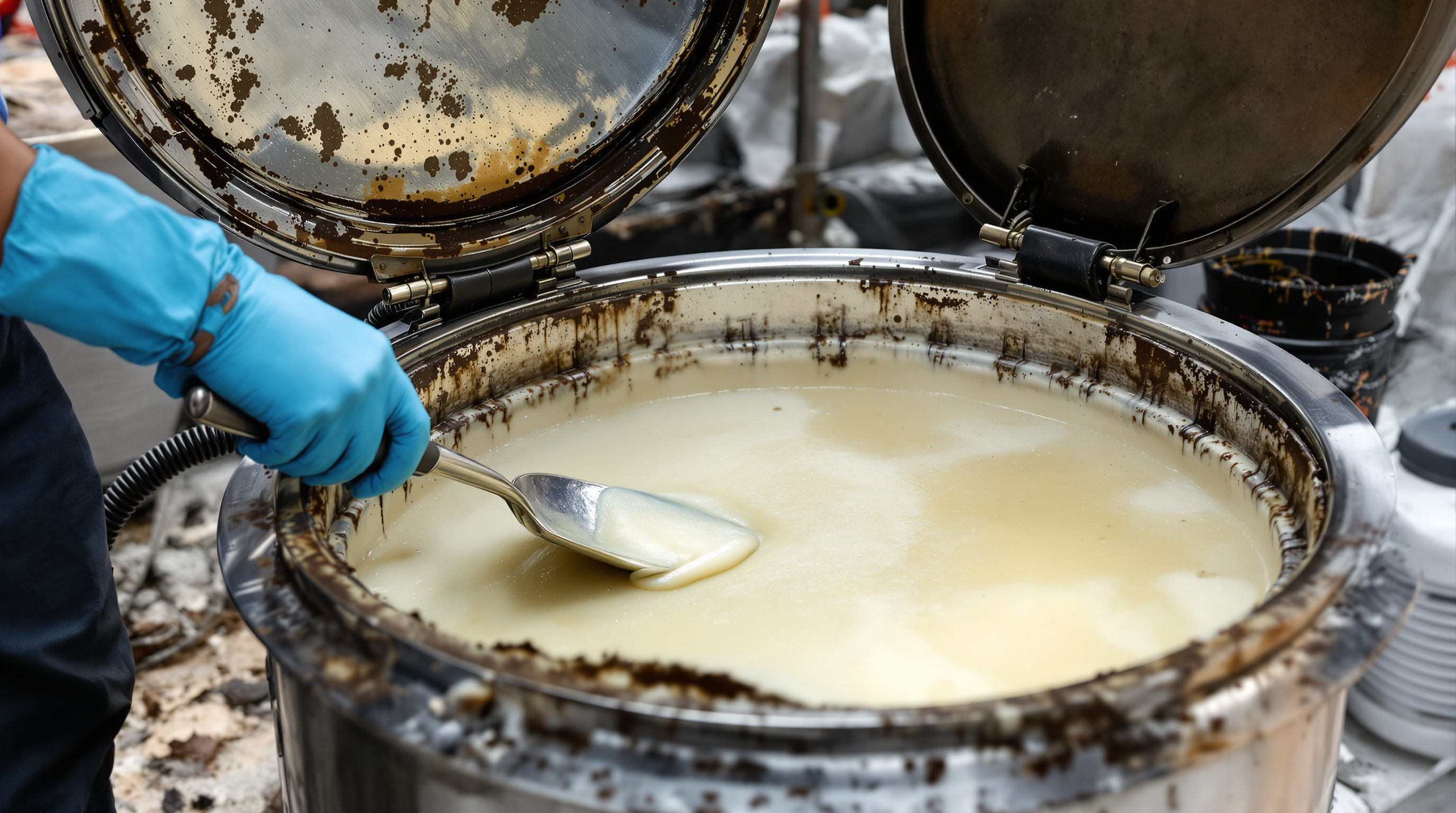 Indian maintenance worker in gloves opening a stainless steel grease trap and skimming a thick congealed layer of fats and grease