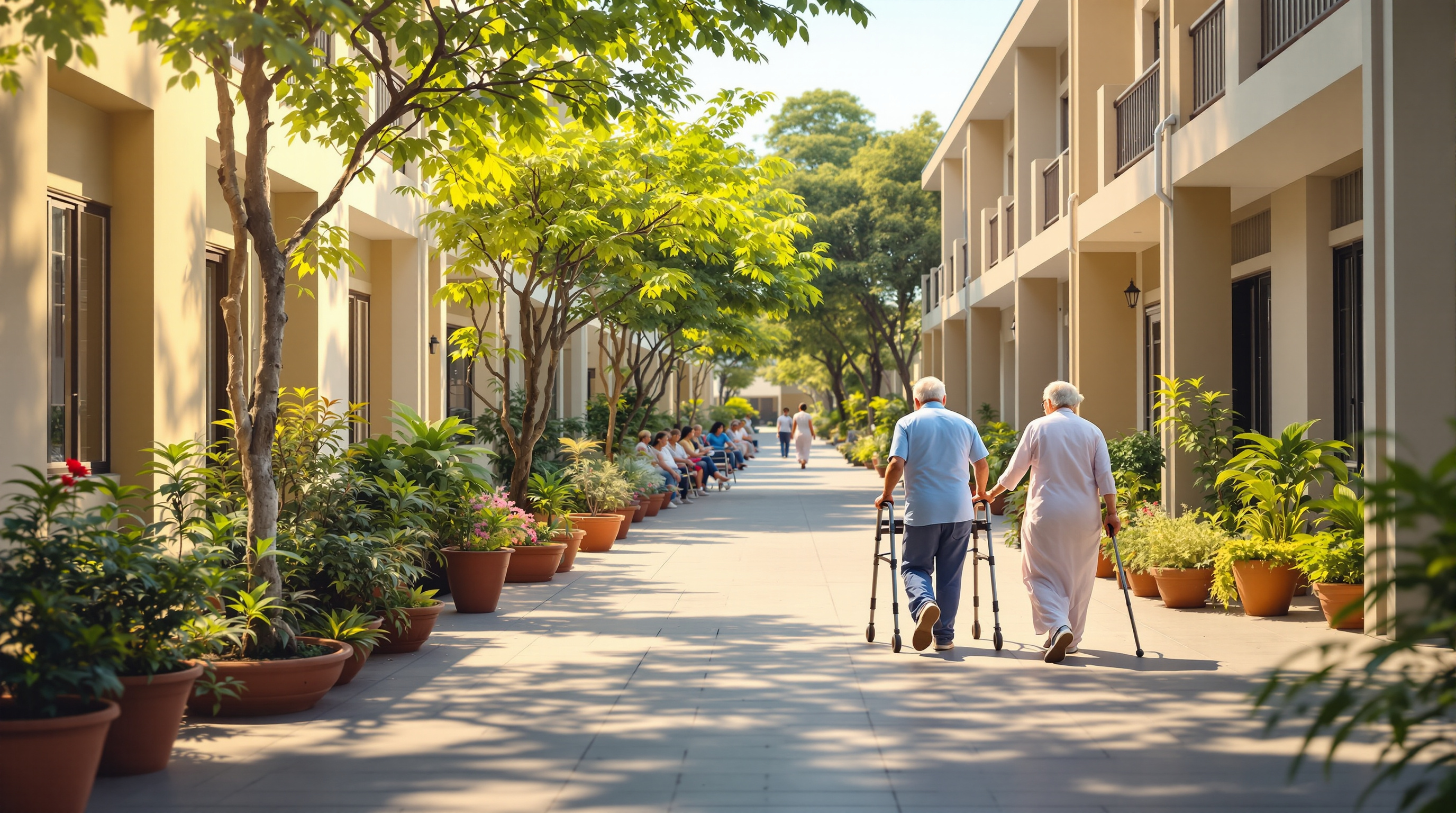 Elderly Indian residents relaxing in the landscaped courtyard of a calm senior living community
