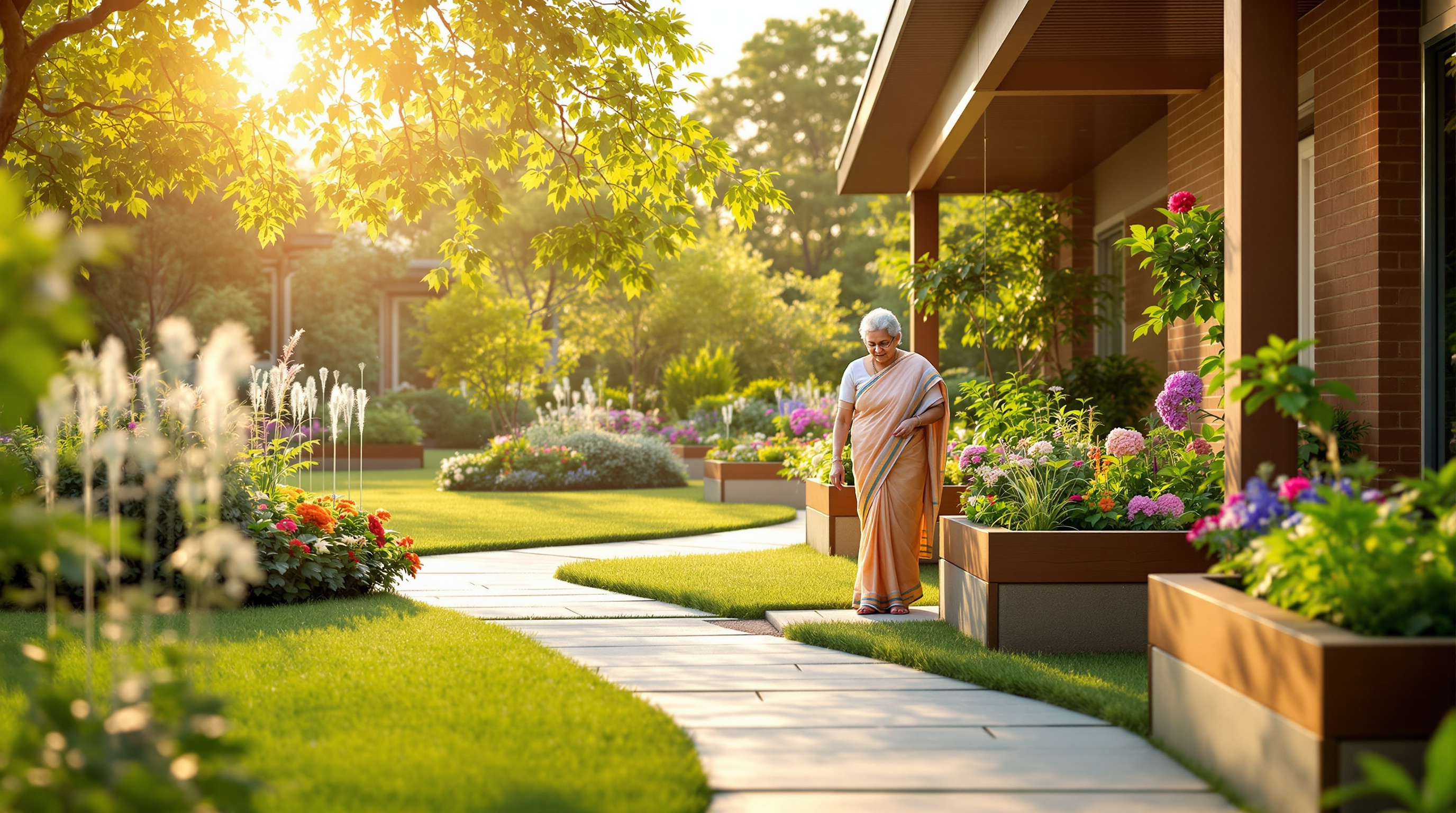 A lush therapeutic garden with raised planters irrigated by treated water at an Indian retirement community