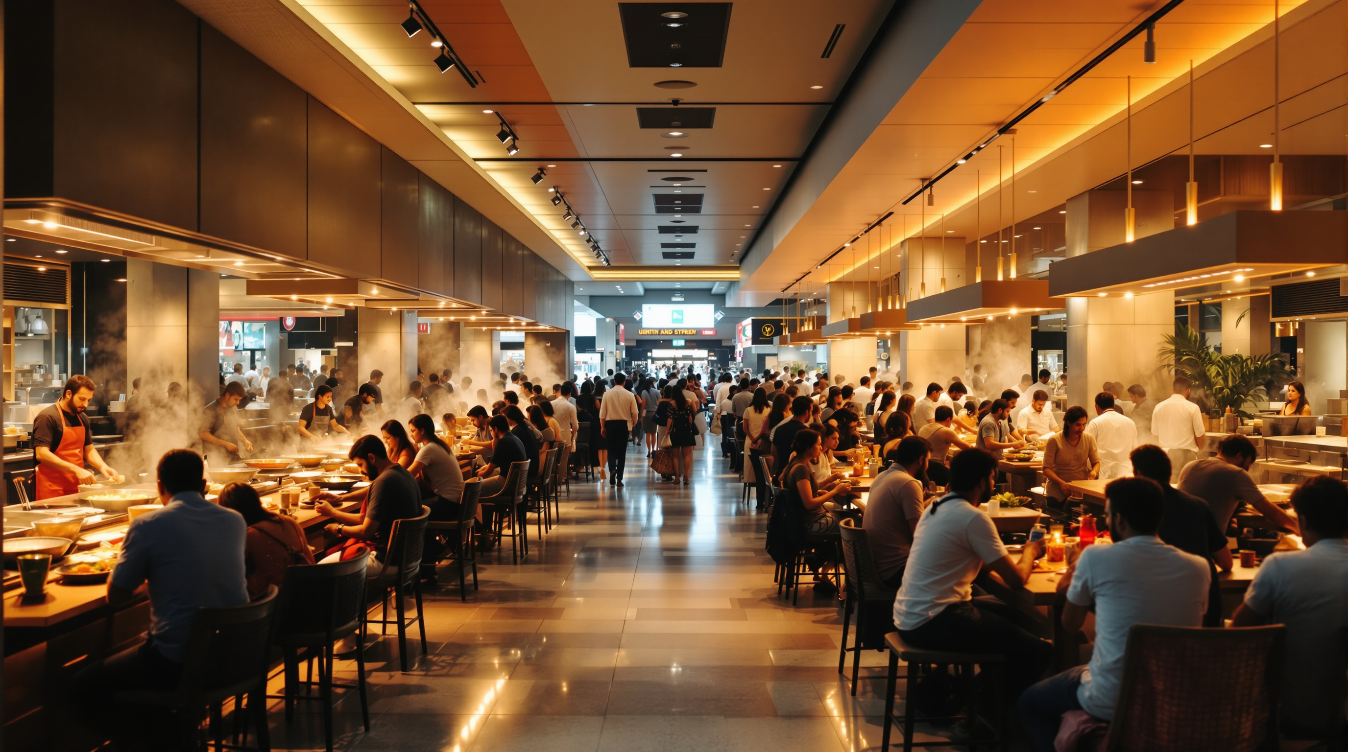A crowded food court inside a large Indian shopping mall at peak evening hour, with diners at busy kitchen counters