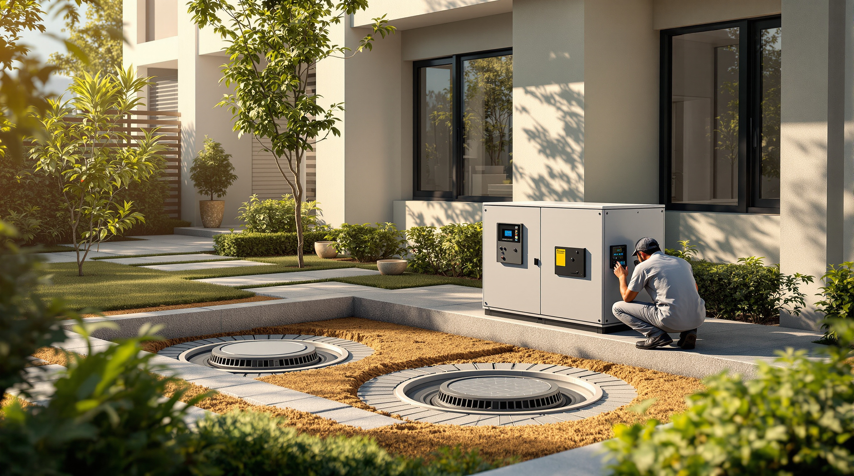 Compact FRP packaged STP set into a landscaped garden corner of an Indian villa, with manhole covers and a small blower cabinet visible