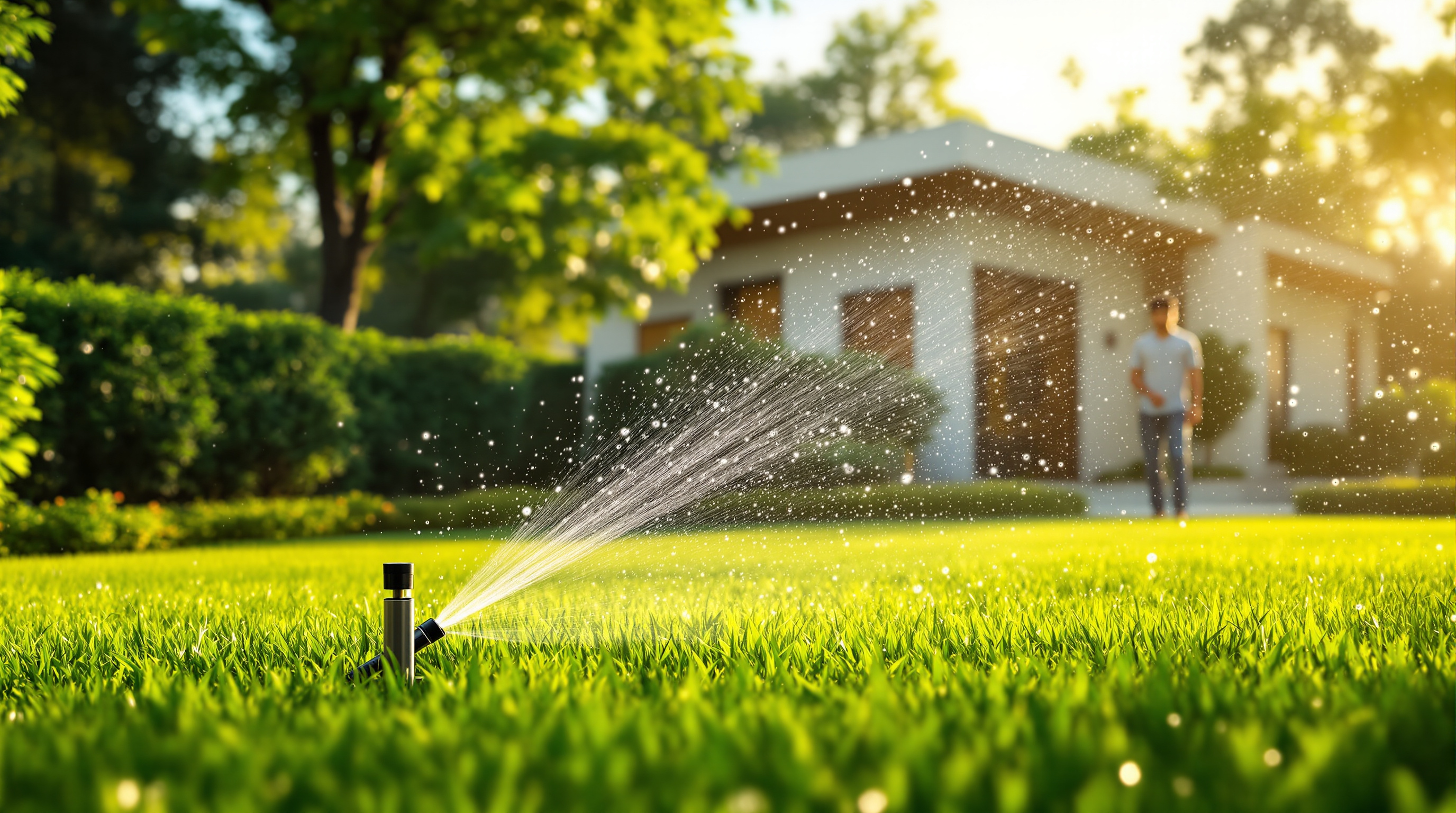 Lush green lawn and flowering garden of an Indian villa being irrigated with clear treated water from a small sprinkler