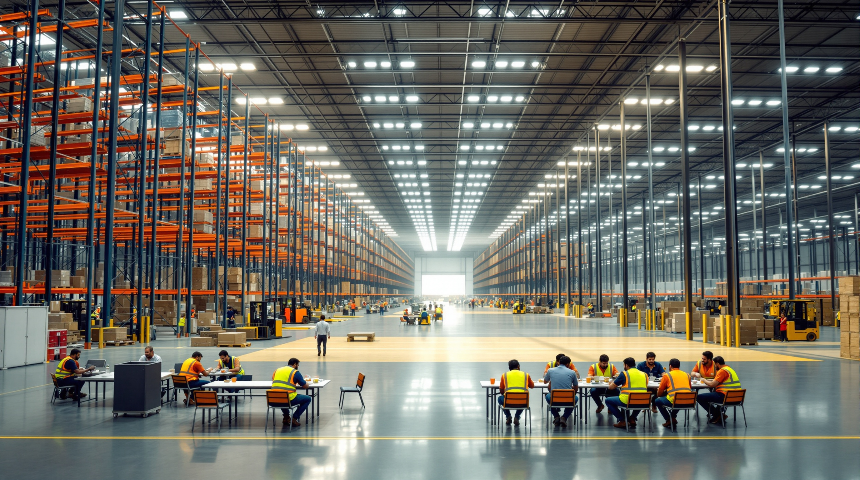 Indian warehouse staff on a lunch break in a small canteen beside a vast pallet-racked storage hall