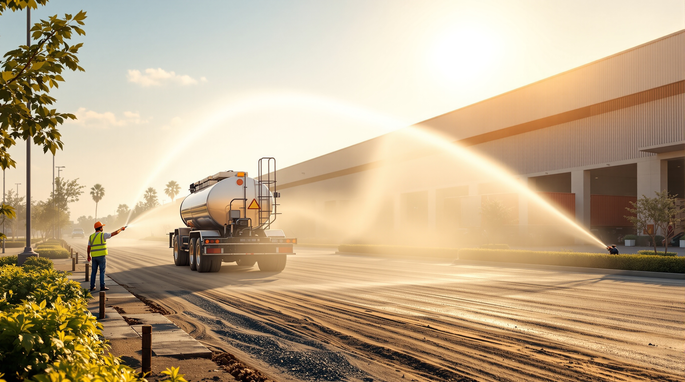 A water tanker sprays treated water to suppress dust on a truck yard at an Indian logistics park