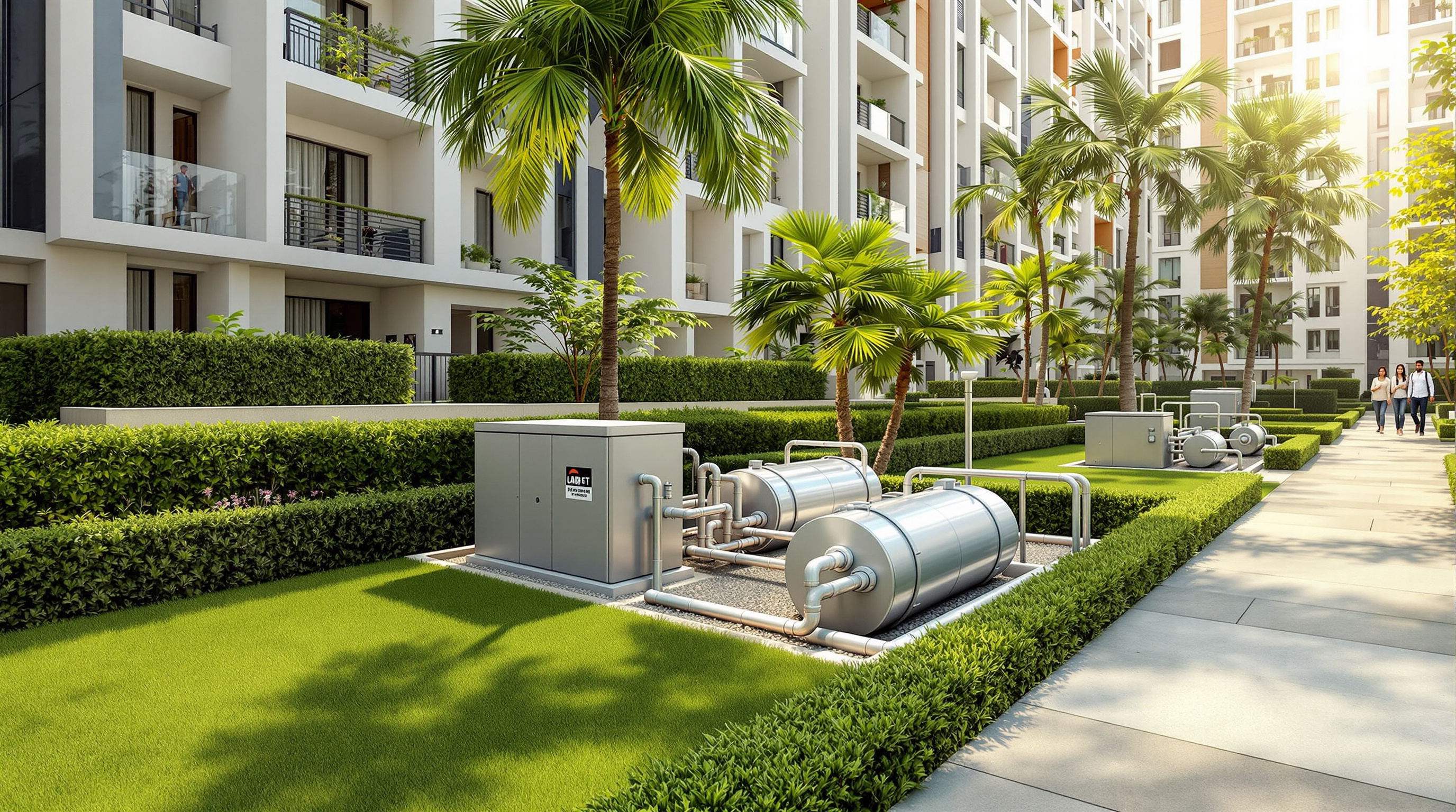A compact packaged sewage treatment plant tucked into a landscaped corner of a modern Indian apartment complex, with treated water irrigating a green lawn