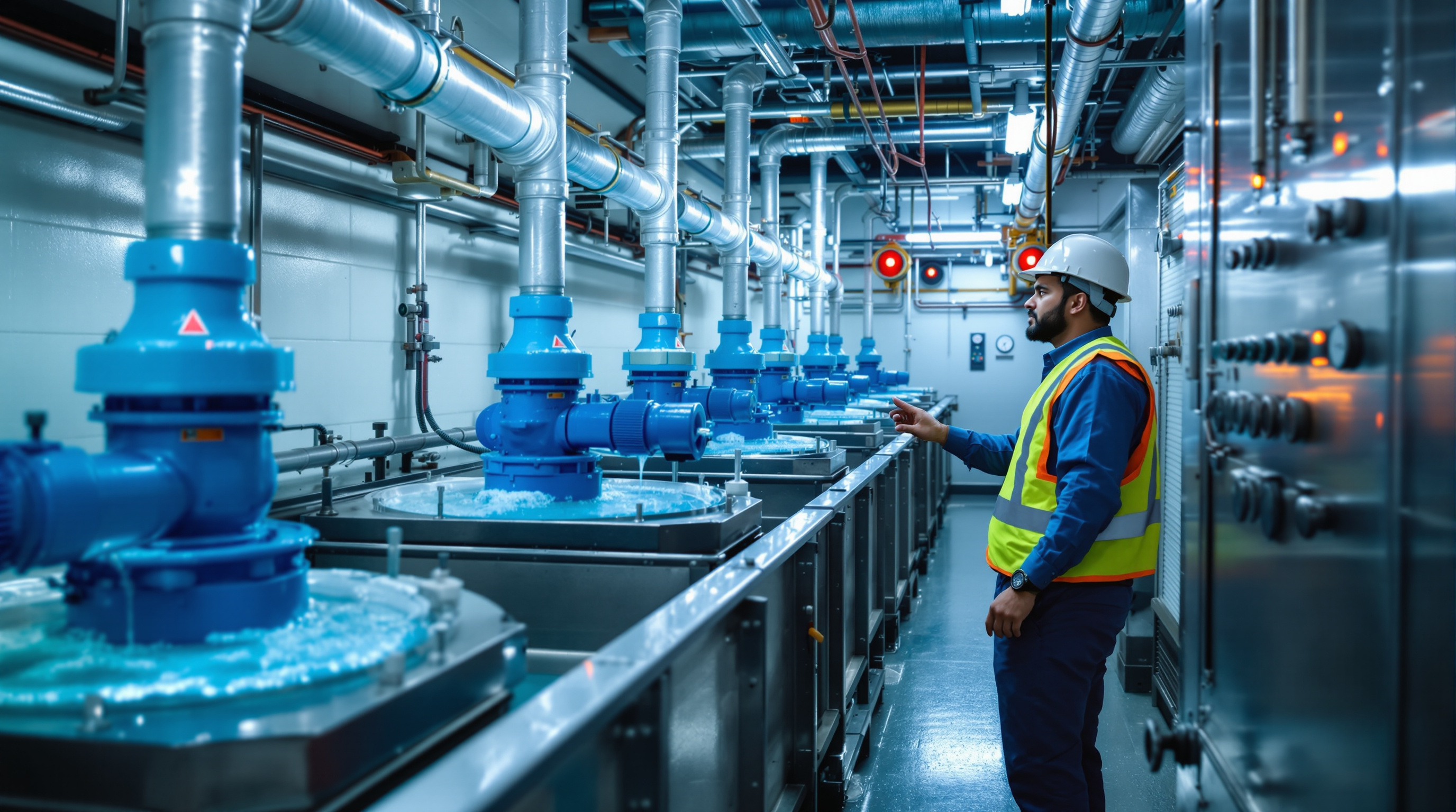 An Indian maintenance engineer in a safety helmet inspecting the aeration tanks and control panel of a basement sewage treatment plant