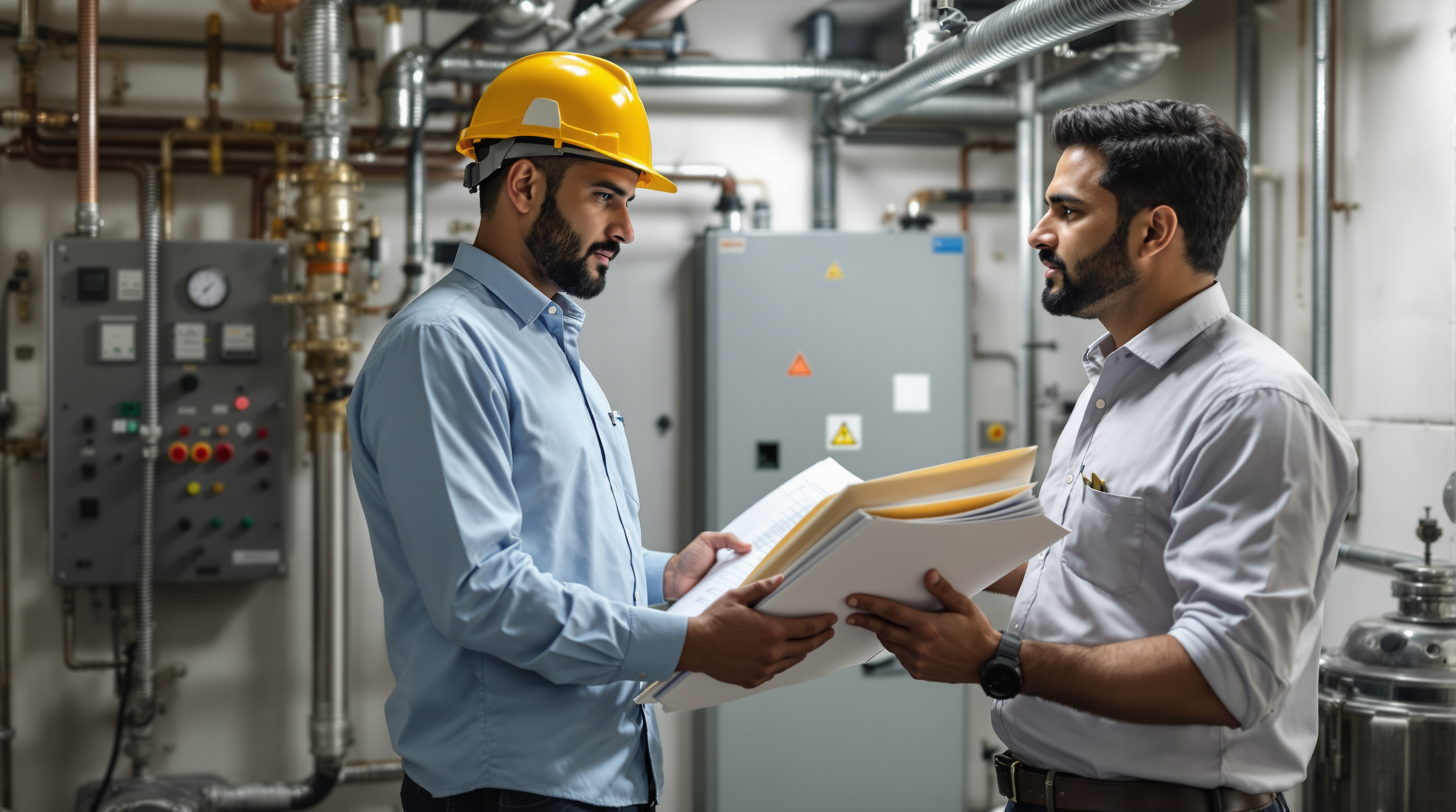 An STP contractor's engineer handing a thick bound operation-and-maintenance manual and a rolled set of as-built drawings to a building facility manager beside the plant's control panel