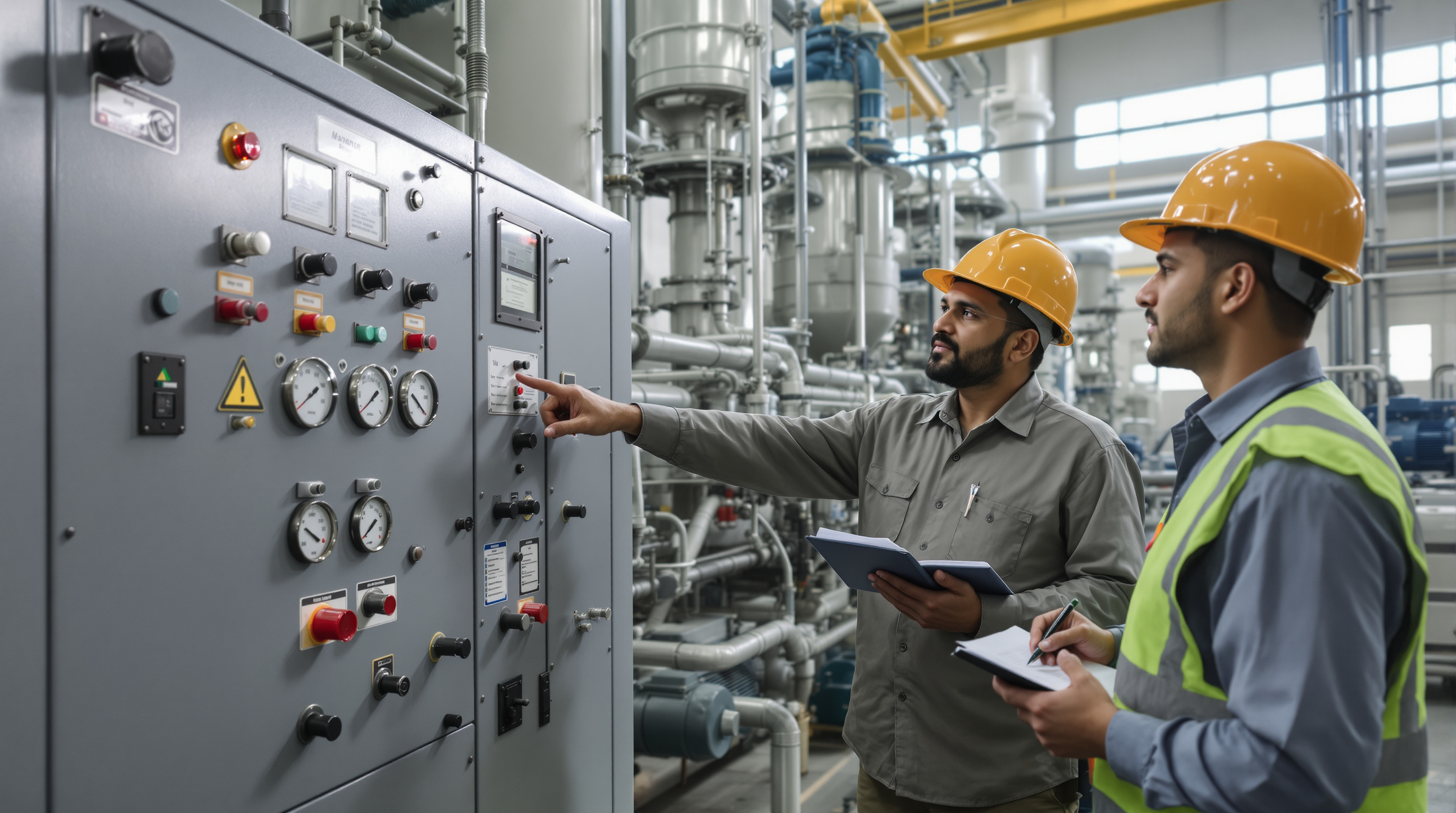 An Indian technician demonstrating a sewage treatment plant control panel to two operators who watch closely and take notes during hands-on training