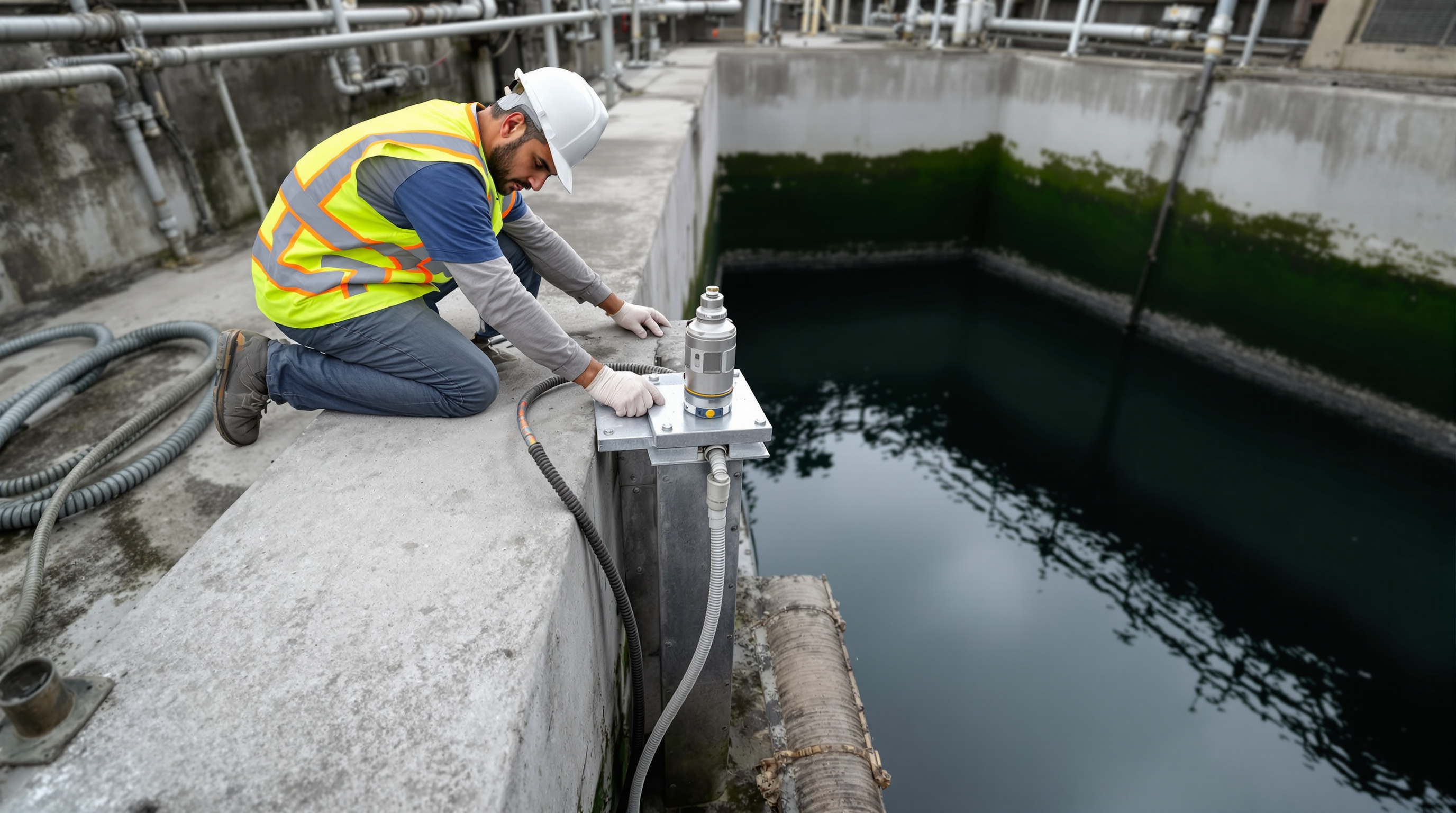 Indian technician mounting an ultrasonic level sensor on a bracket above an open concrete equalisation tank at a sewage treatment plant
