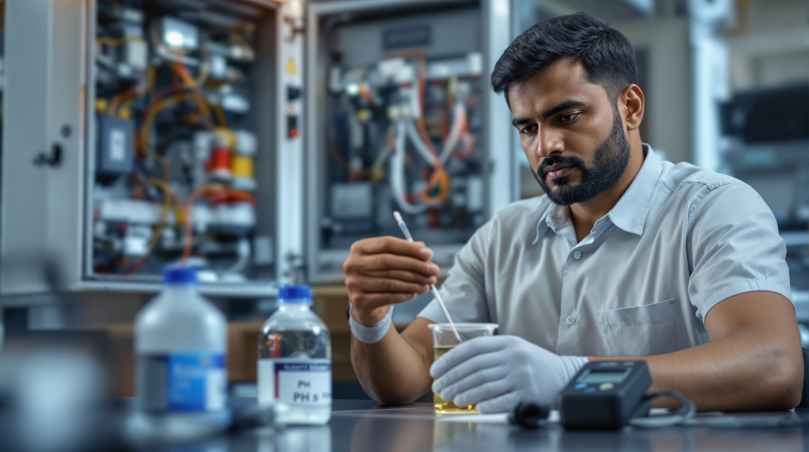 Indian instrumentation engineer calibrating a pH probe against small bottles of buffer solution on a workbench beside a control panel