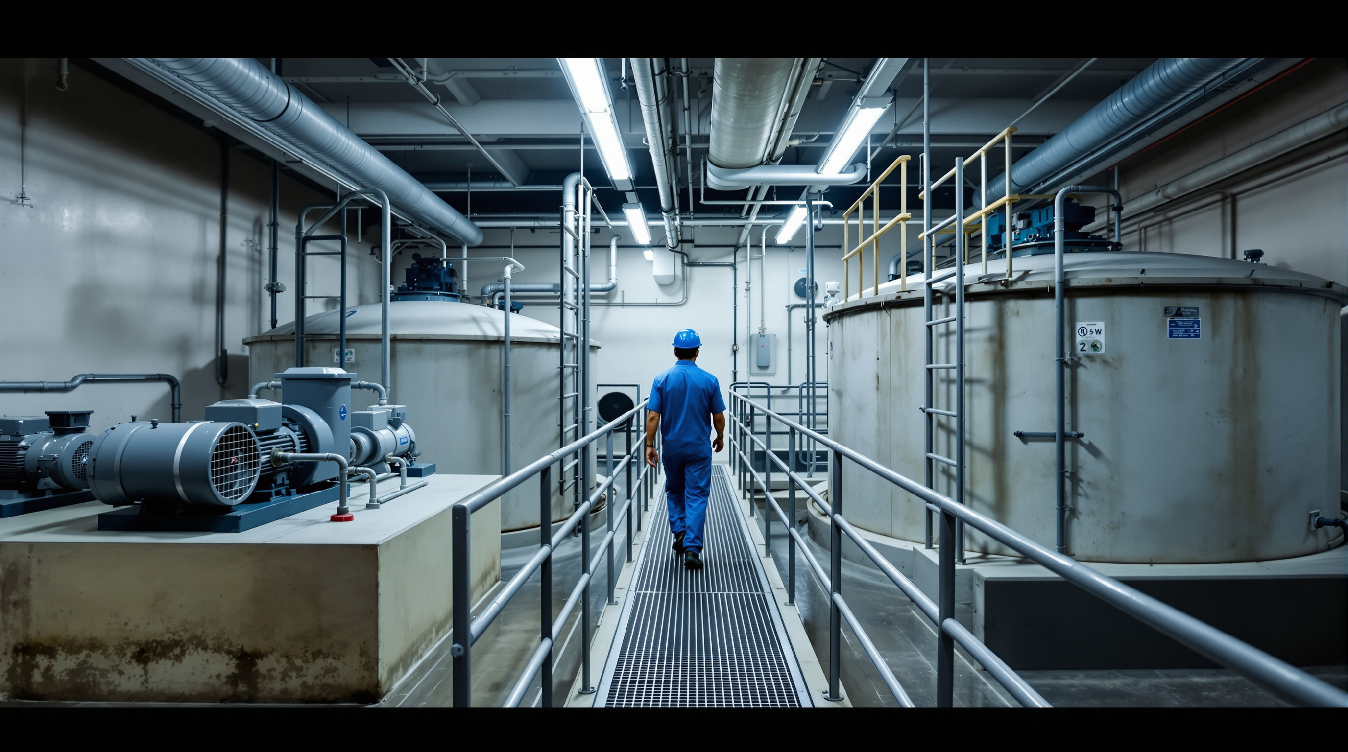 An Indian STP operator walking along a clear maintenance walkway between aeration tanks and blowers in an apartment basement plant room
