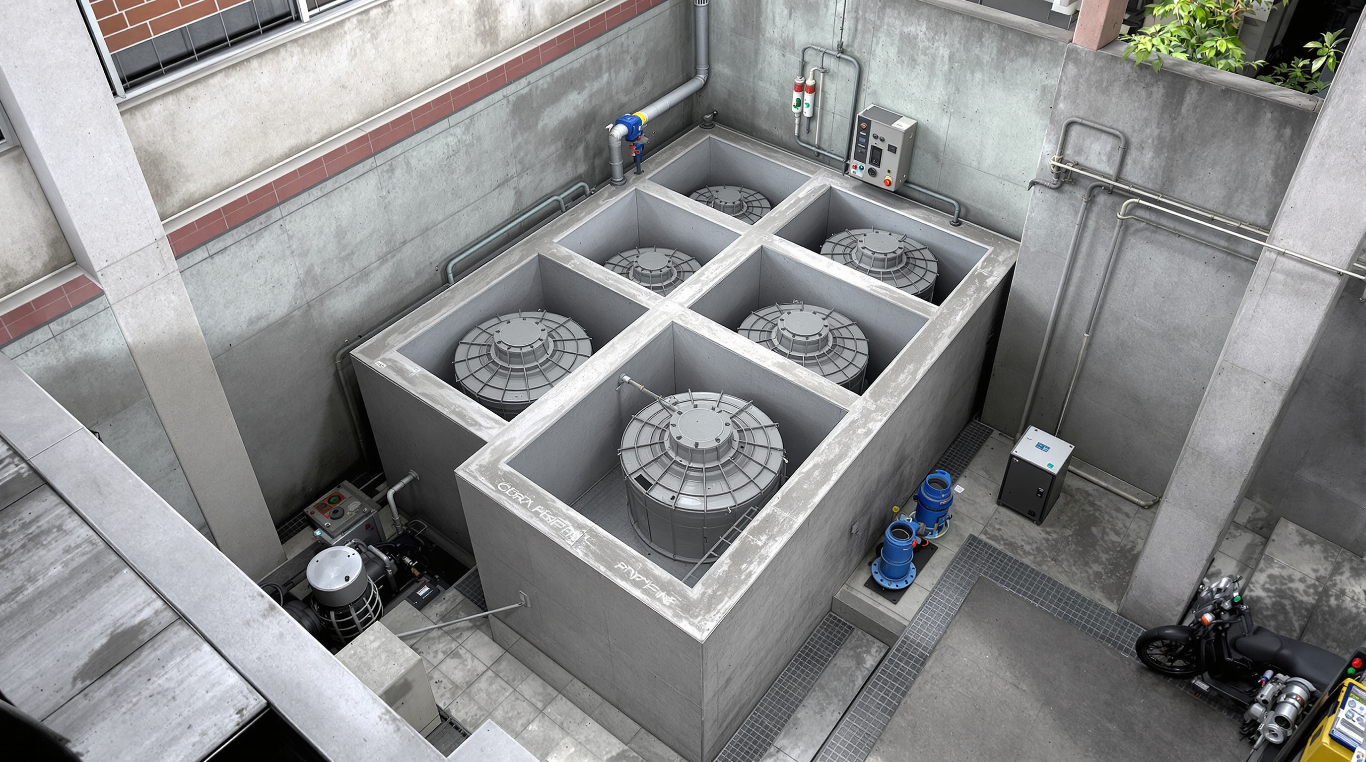 A compact packaged sewage treatment plant built as a single reinforced-concrete block with shared walls in a tight Indian basement corner
