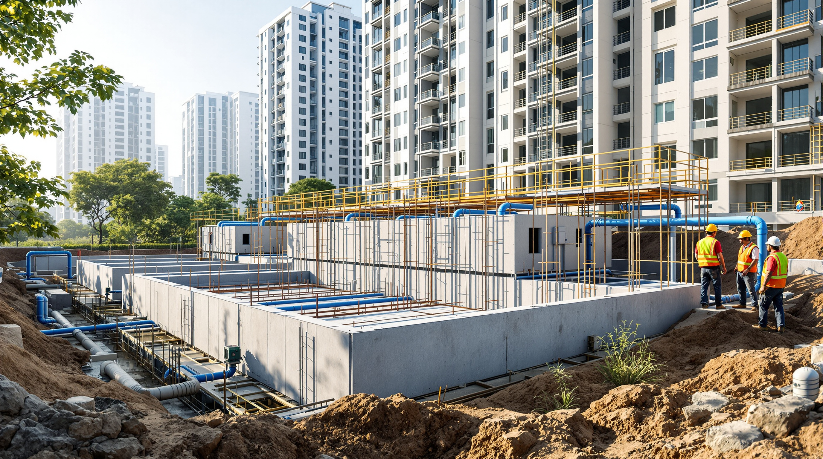 Newly built rectangular concrete sewage treatment tanks under construction beside an Indian apartment tower