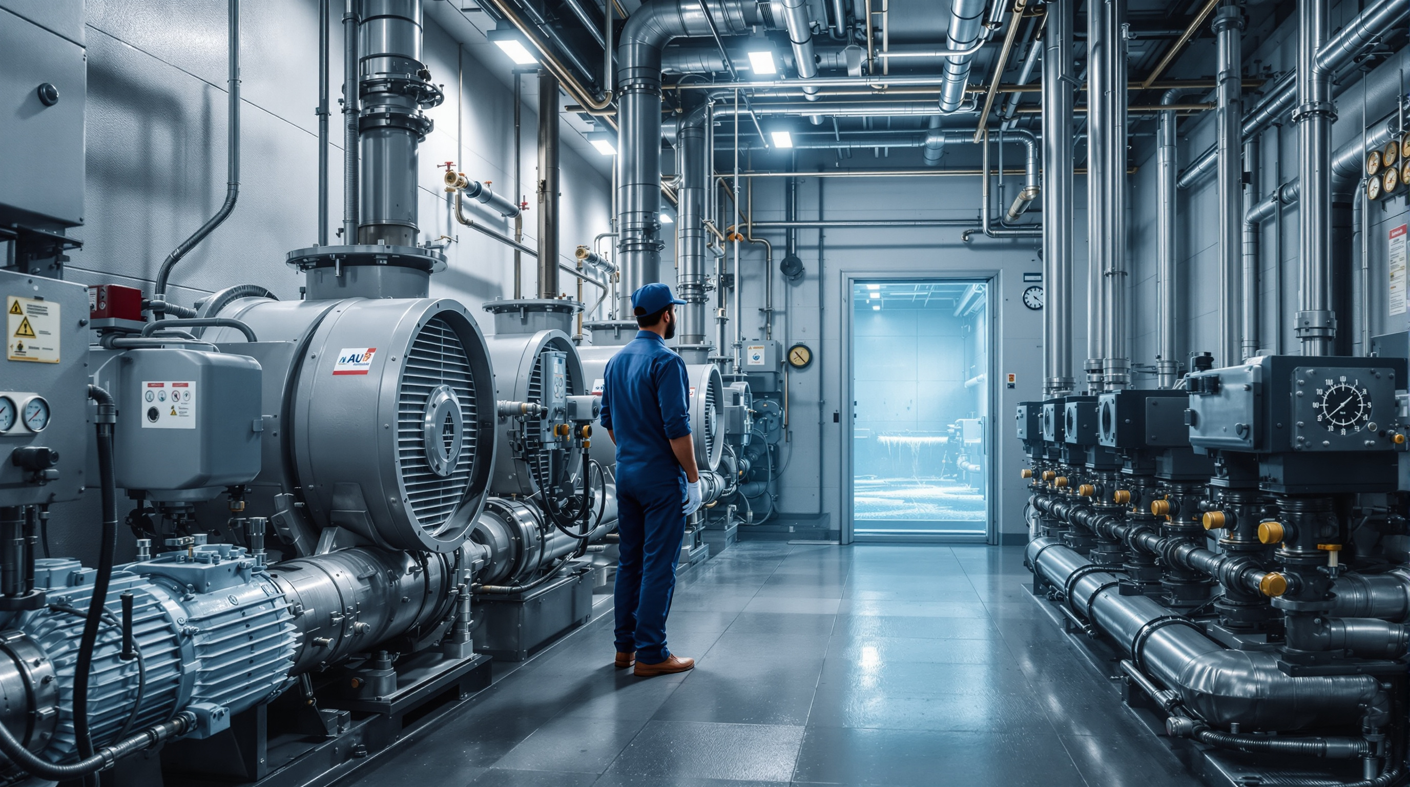 Indian STP operator inspecting air blowers and pipework inside a sewage treatment plant machine room