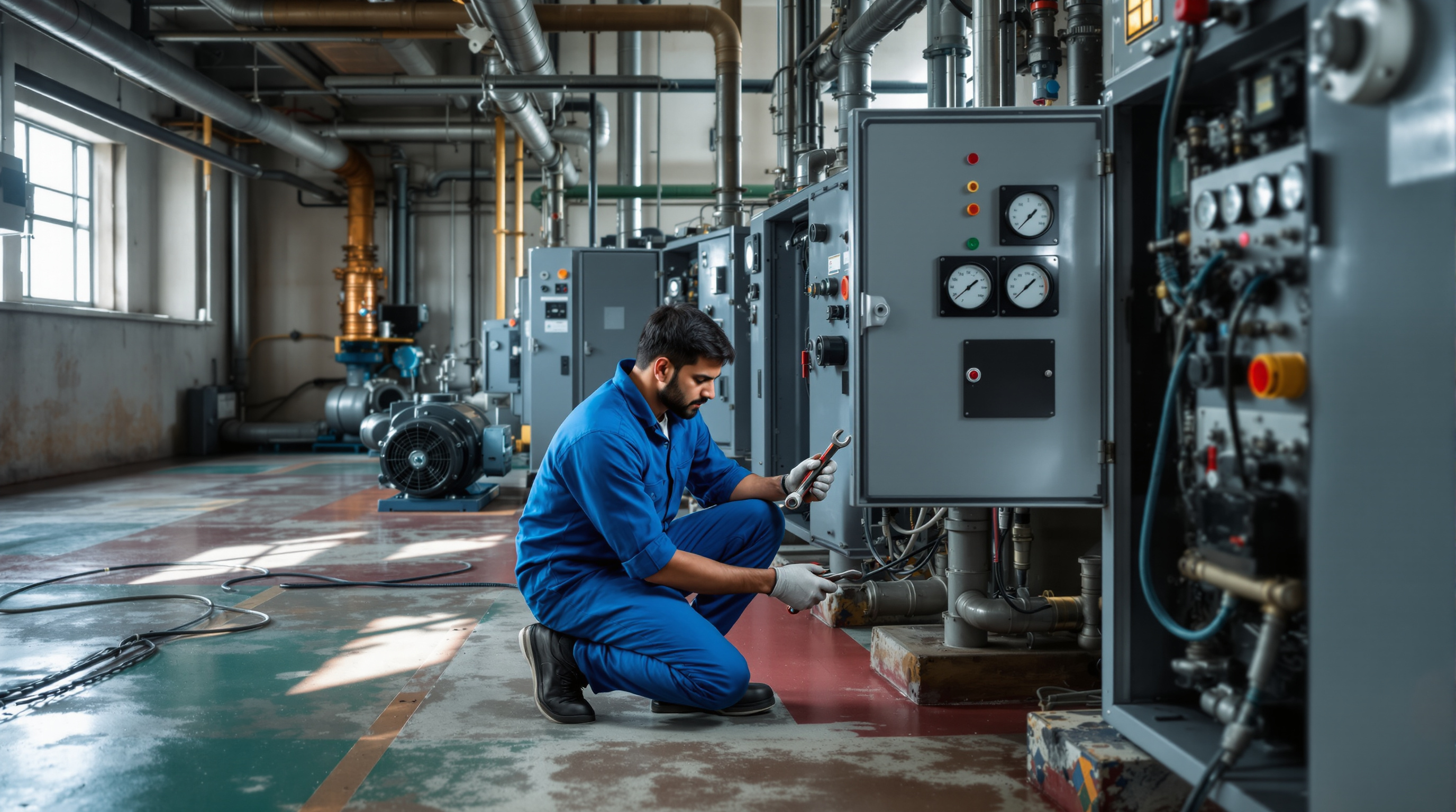 Indian STP technician in uniform servicing an air blower and control panel during a scheduled maintenance visit