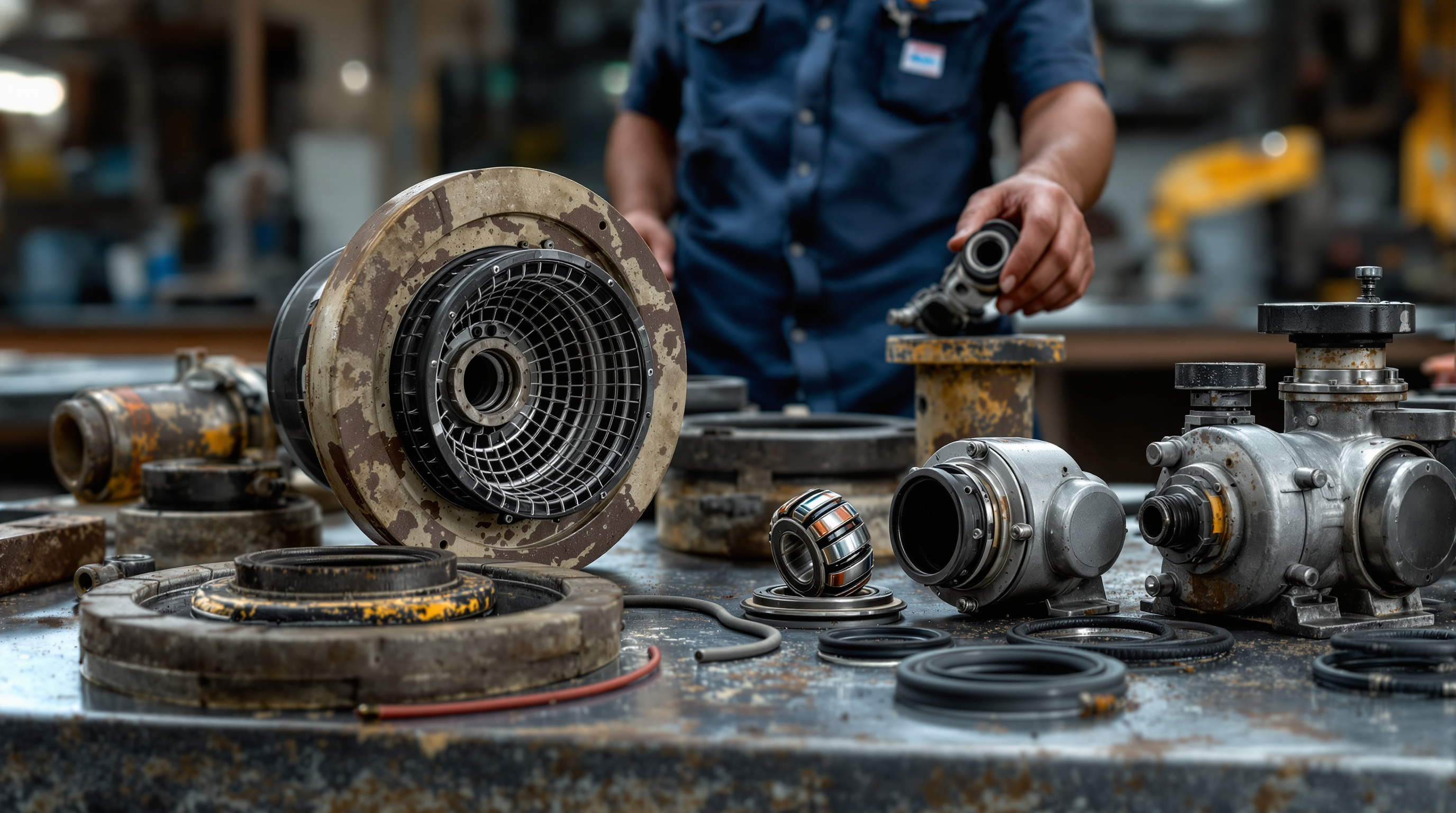 Close-up of STP wear-and-tear spare parts including a blower, membrane diffusers and pump seals laid out on a workbench