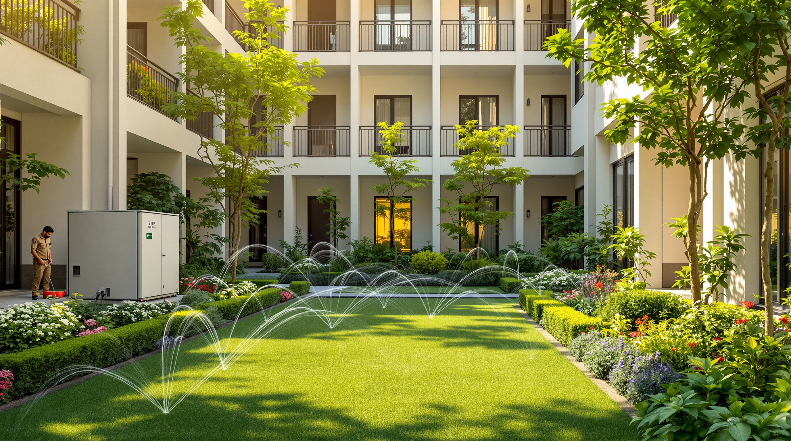 Treated water from an on-site sewage treatment plant irrigating a lush landscaped courtyard of an Indian residential complex