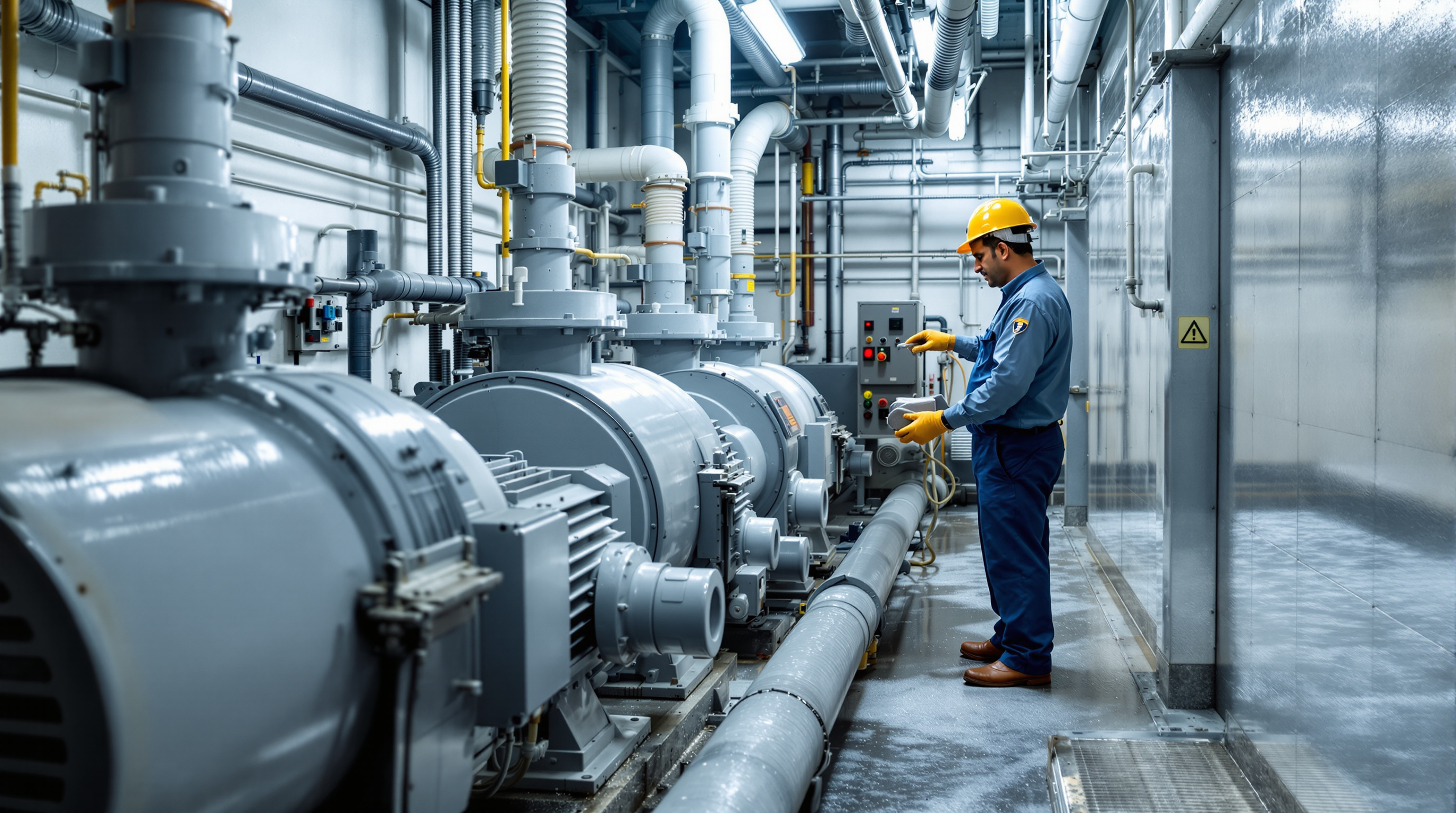 Indian STP operator inspecting aeration blowers and pumps in a basement sewage treatment plant room