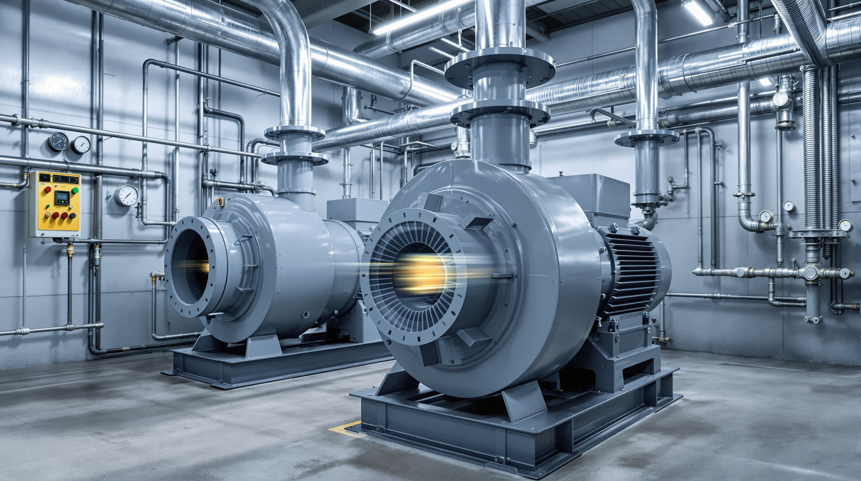 Roots-type positive-displacement air blowers running inside an Indian sewage treatment plant room, with silver air pipework and pressure gauges