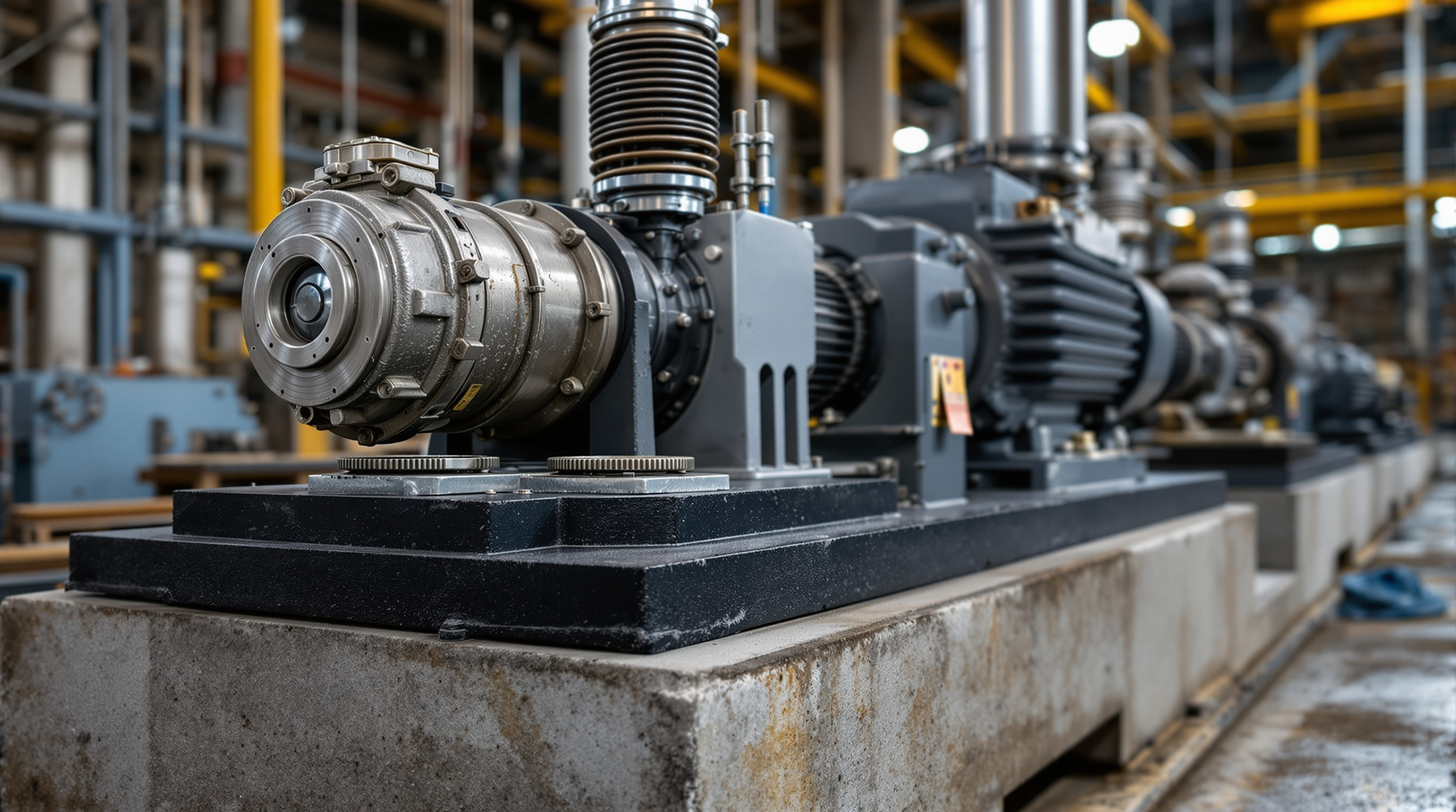 Close-up of a blower skid mounted on rubber anti-vibration pads and steel spring isolators with a flexible rubber bellows on the air discharge pipe