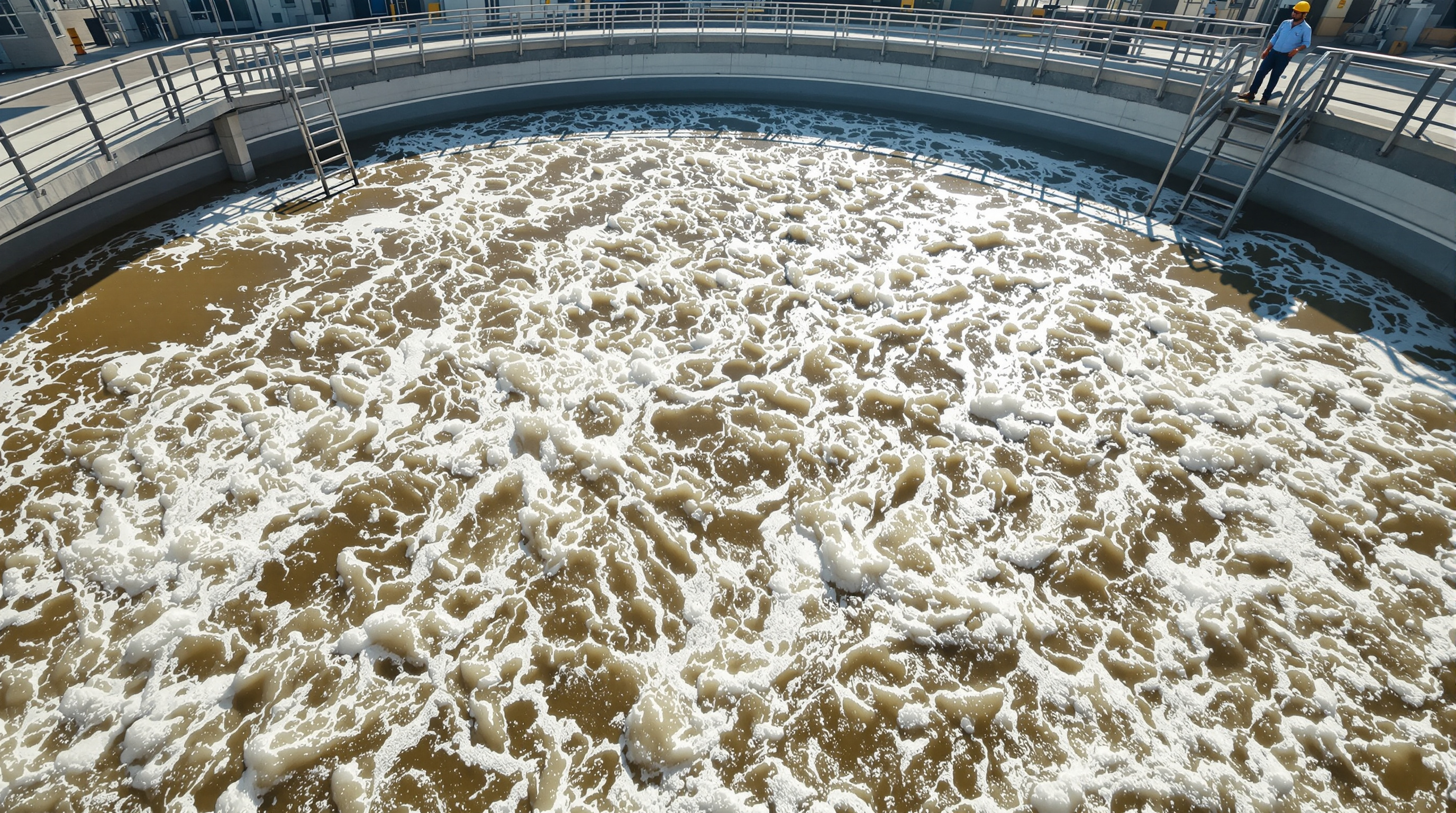 Vigorously aerated sewage treatment tank with churning, bubbling water surface at an Indian STP, showing healthy oxygen-rich conditions