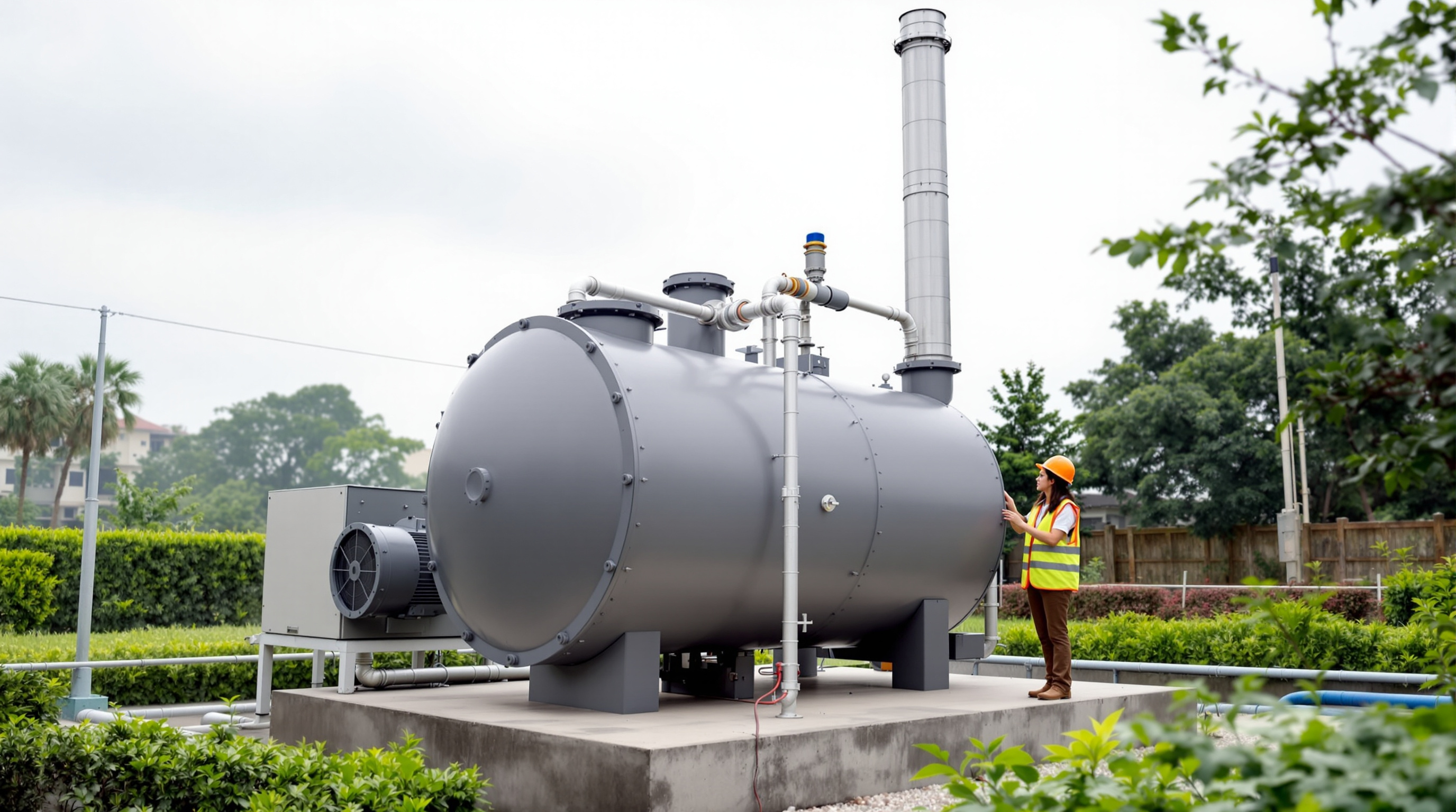 Cylindrical activated-carbon odour scrubber unit with connected foul-air ductwork and a tall vent stack at a compact Indian sewage treatment plant