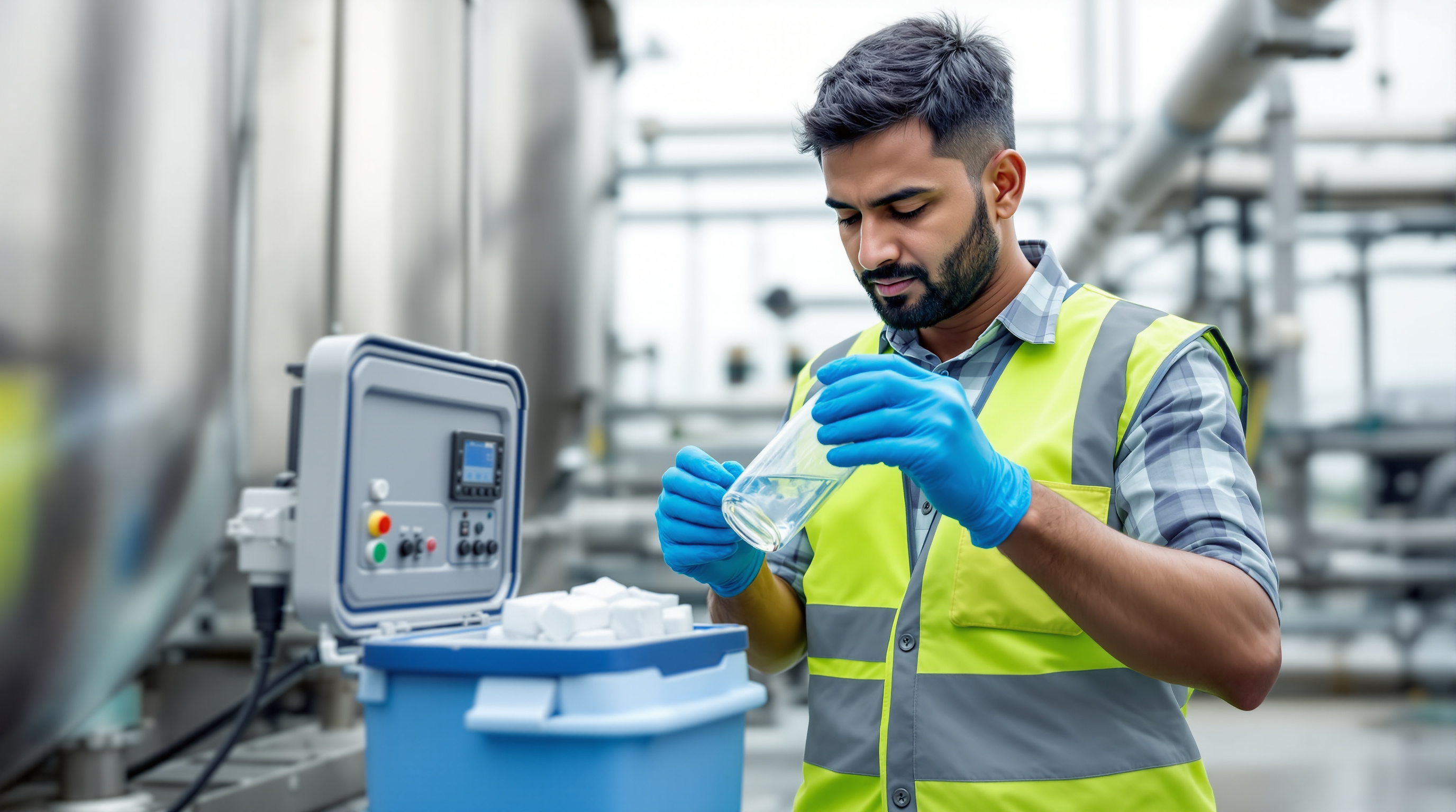 Indian technician in gloves drawing a treated-water sample into a labelled bottle at an STP outlet, with a composite sampler and cooler box nearby