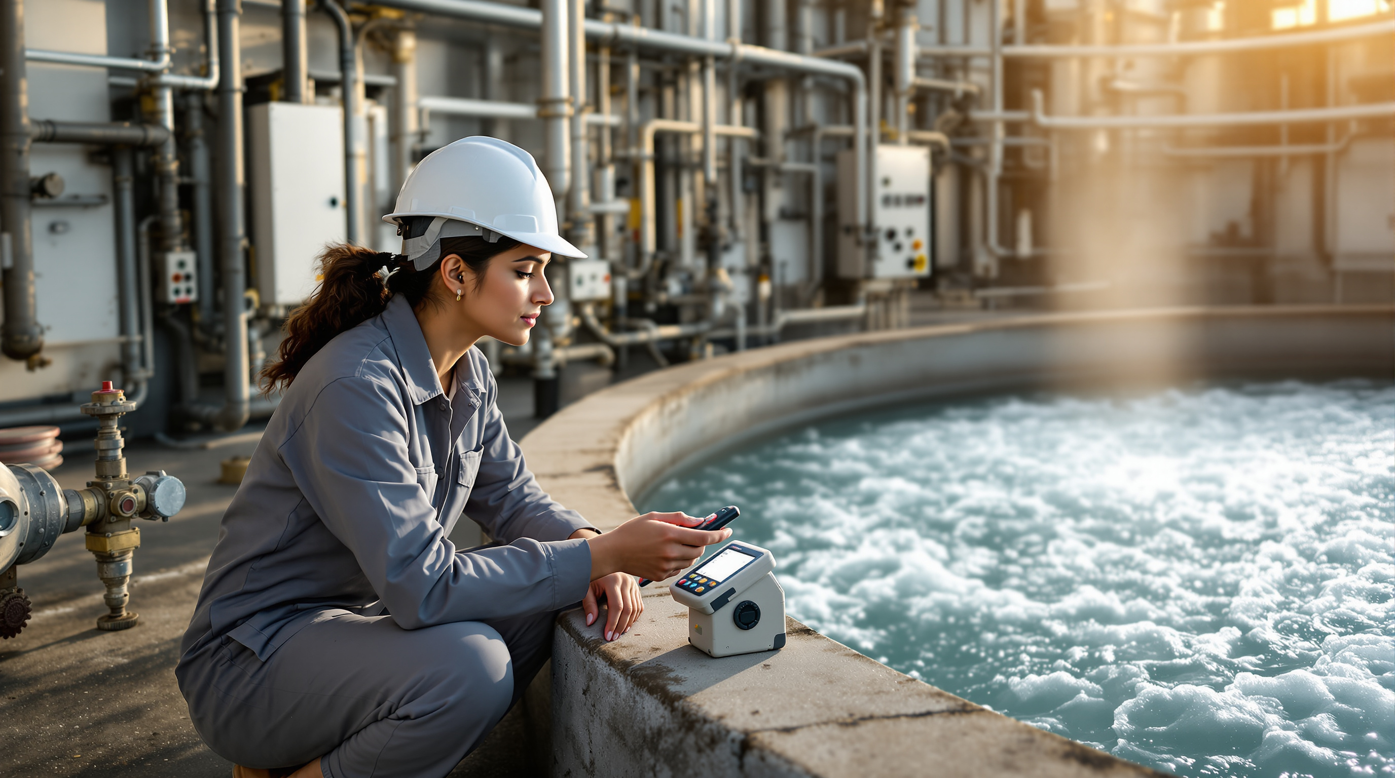 Indian STP operator inspecting an air blower and dissolved-oxygen readings at an aeration tank to diagnose a failed test