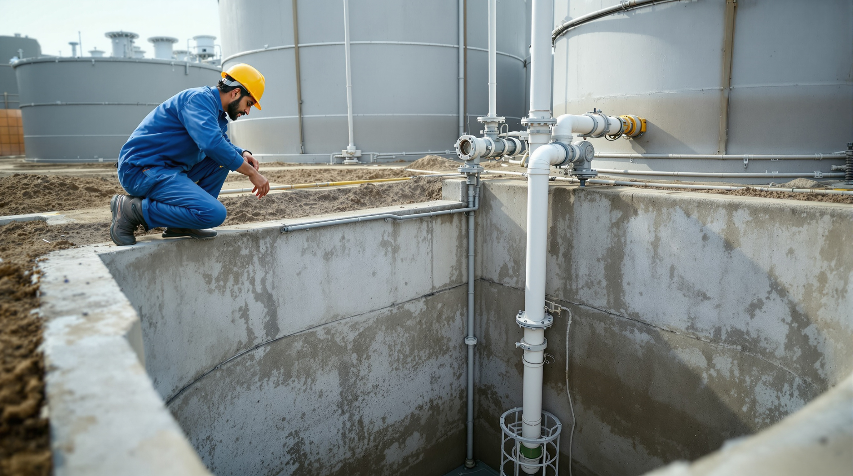 An Indian STP operator inspecting a below-grade sewage sump with a rising main and pump at a compact treatment plant