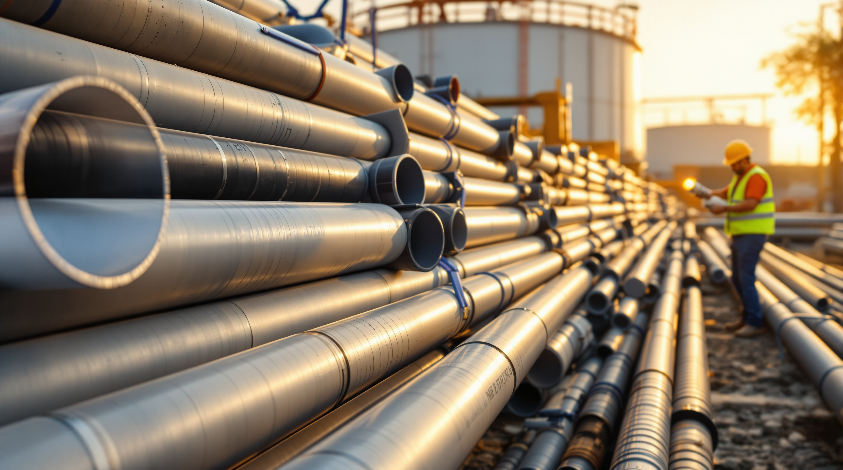 Stacked lengths of grey UPVC and black HDPE sewage pipes with fittings at an Indian treatment plant site