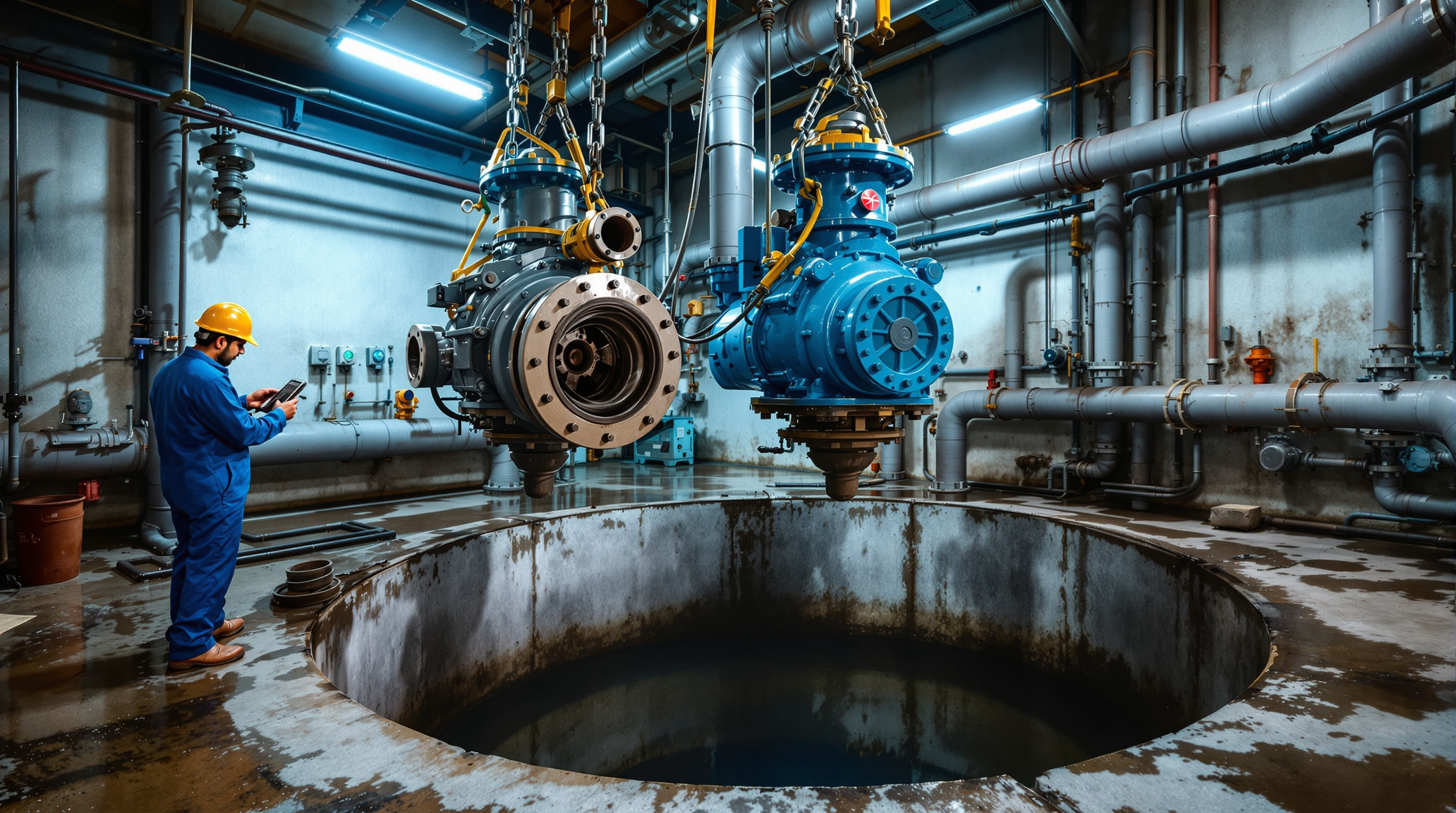 Heavy cast-iron submersible sewage pumps and pipework being serviced inside an Indian STP pump room