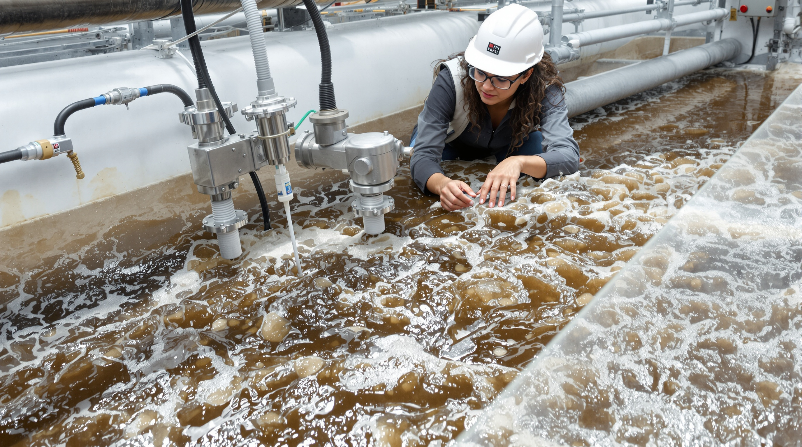 Close-up of a dissolved-oxygen probe and pH sensor mounted at the edge of an aeration tank with bubbling water