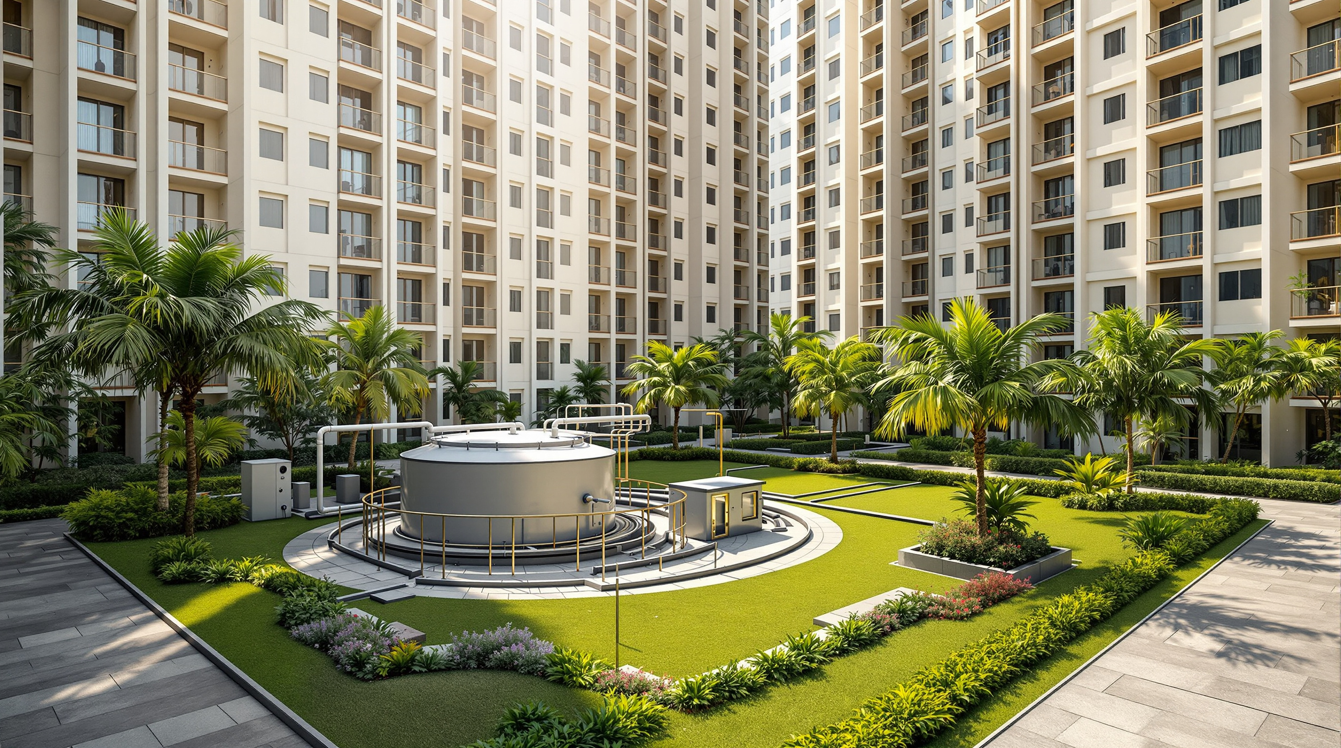 A modern Indian residential apartment complex with a landscaped on-site sewage treatment plant and aeration tanks in a corner of the compound