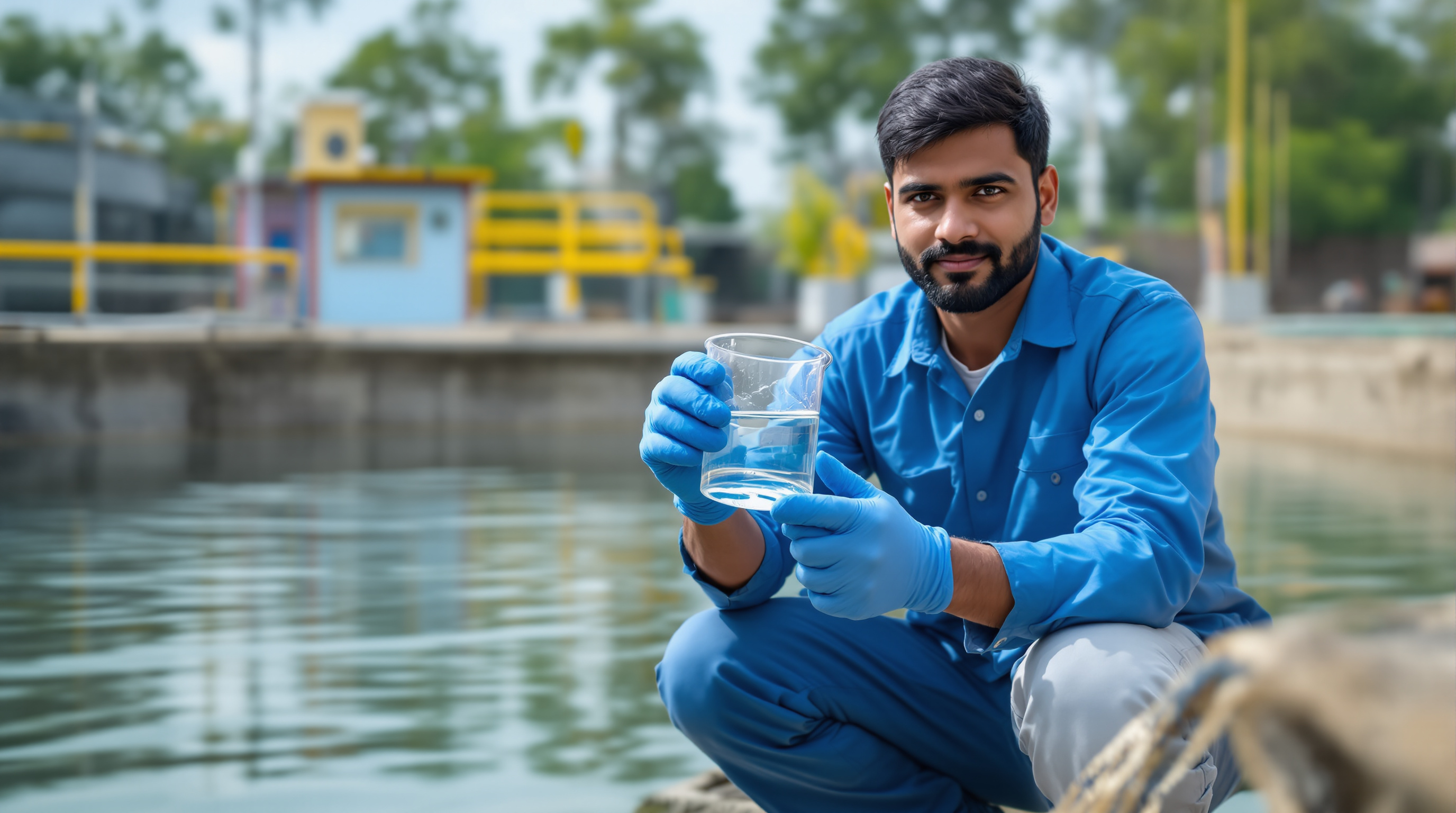An Indian plant operator collecting a clear treated-water sample in a glass beaker at a sewage treatment plant for compliance testing