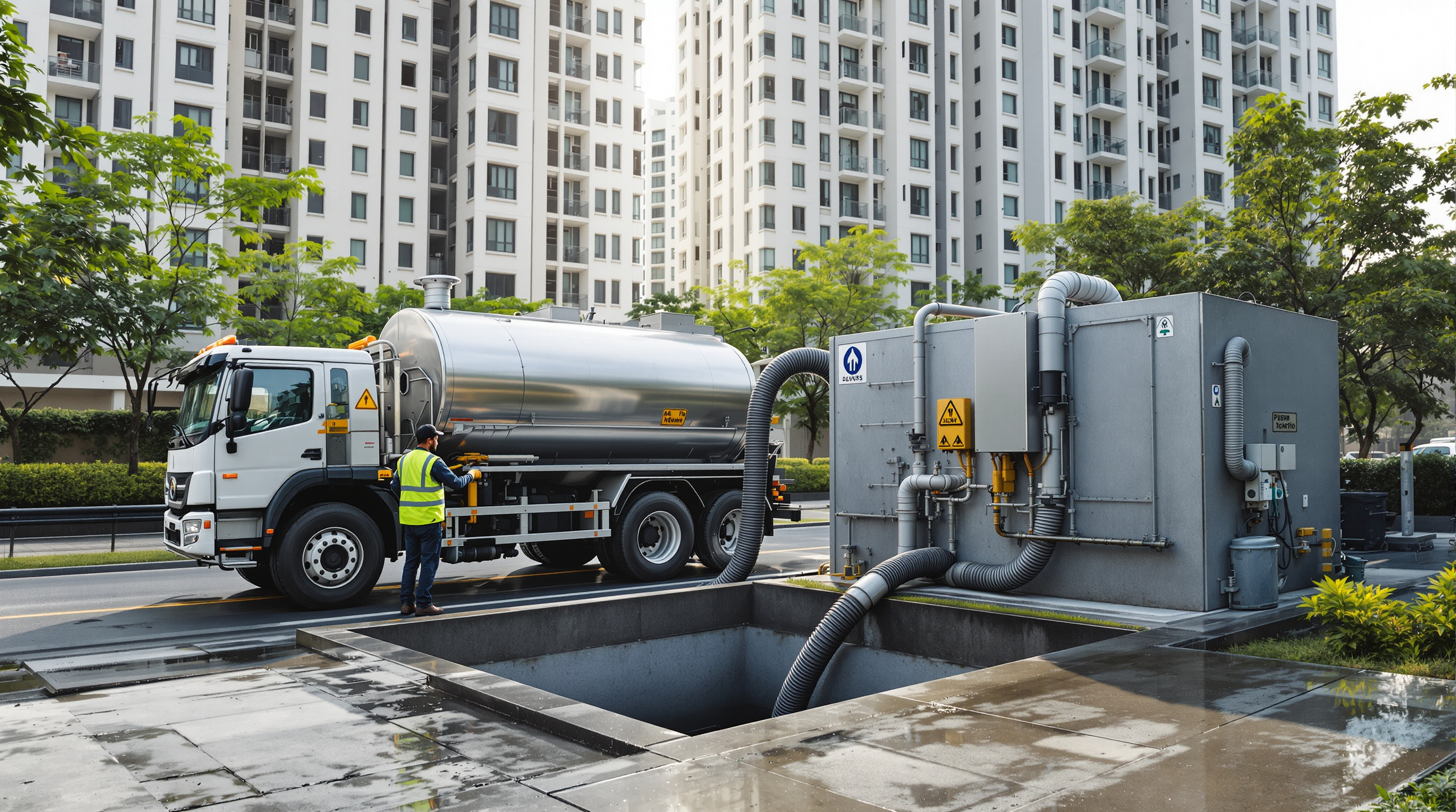 A vacuum desludging tanker parked beside a compact sewage treatment plant in an Indian apartment complex, with an operator guiding the suction hose into the sludge sump