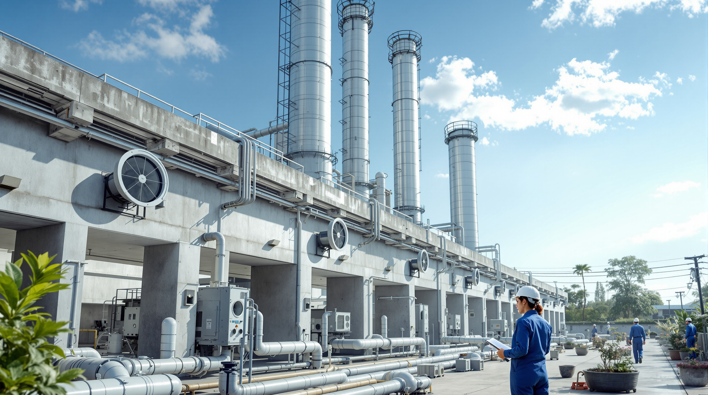 An above-ground sewage treatment plant with tall vent stacks and exhaust fans in an open cross-ventilated structure, an Indian technician checking a blower
