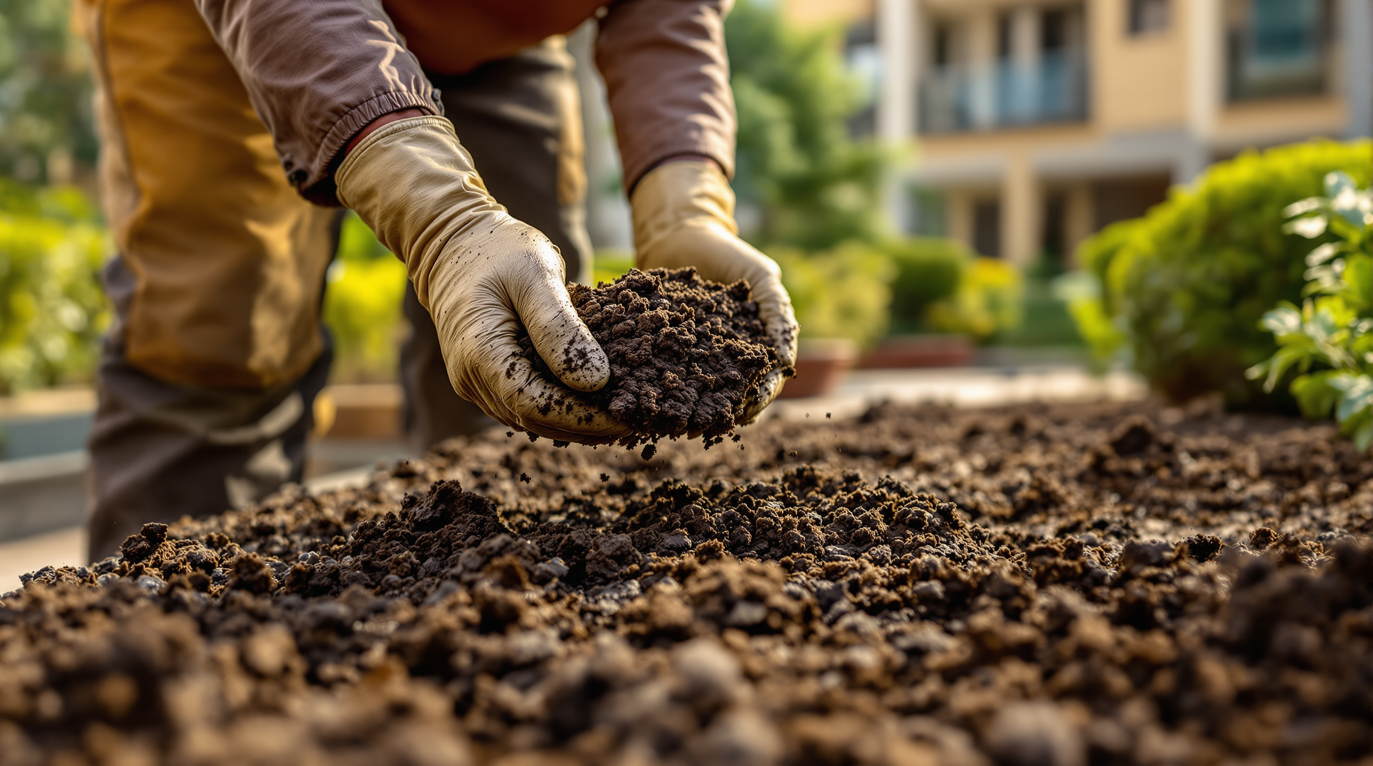 Dark, crumbly dried sludge cake being spread as soil conditioner over ornamental garden beds at an Indian building complex