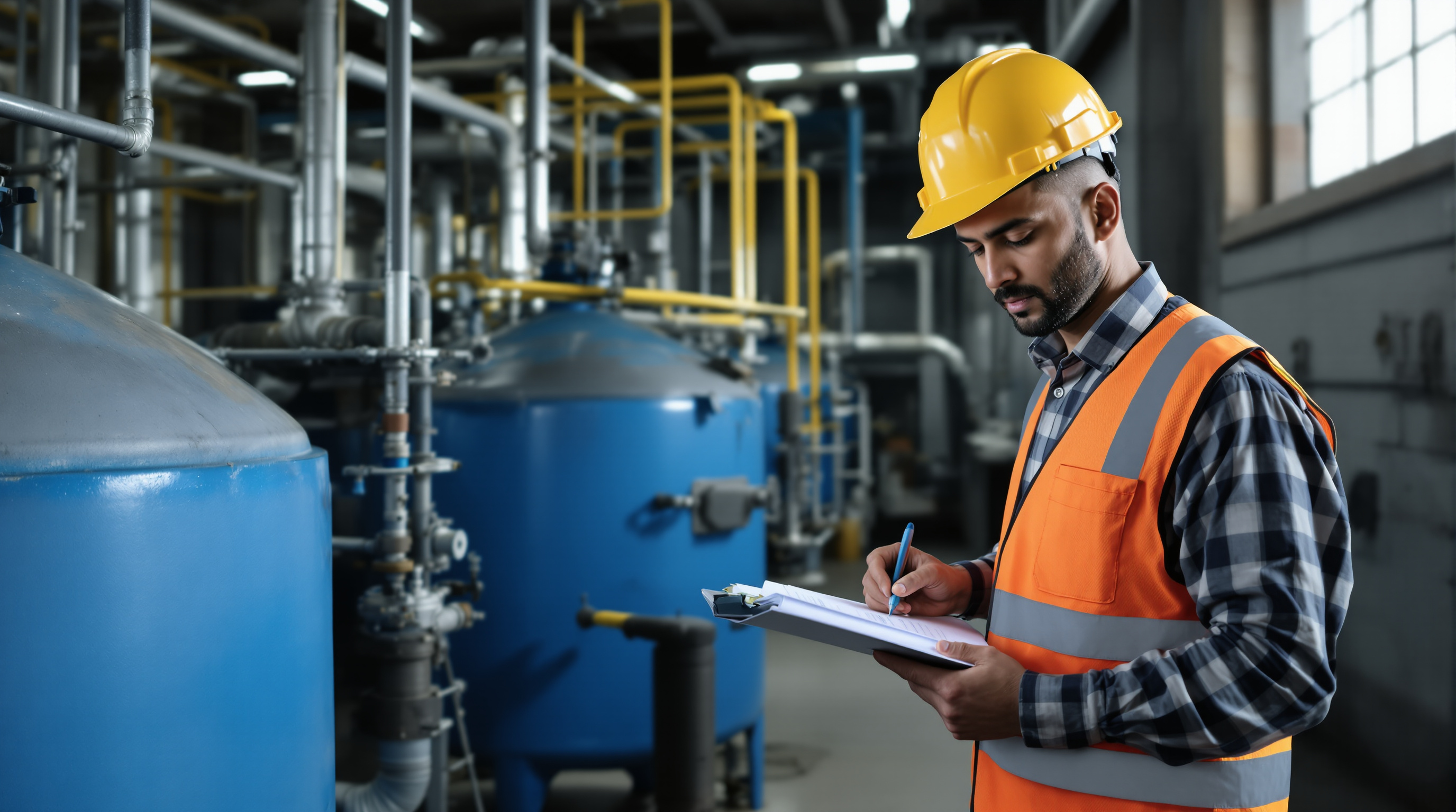 Indian STP operator writing entries in a paper logbook register beside treatment tanks in a plant room